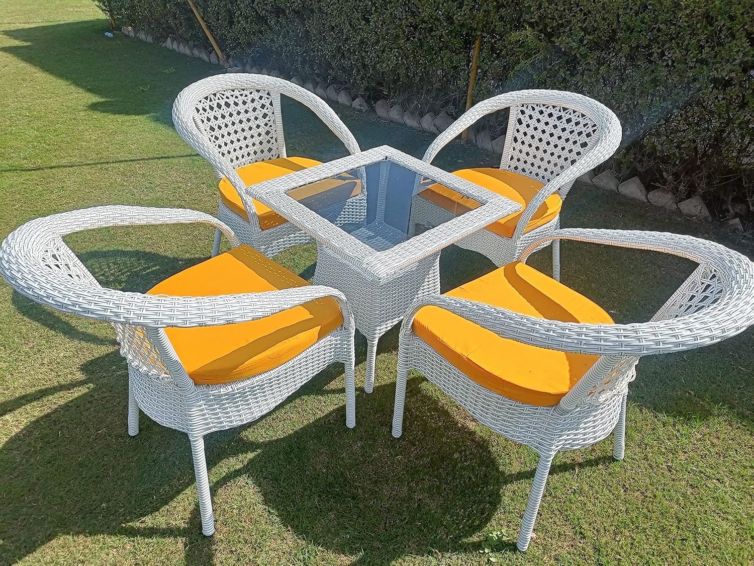 Blissful Backyards D-8 Chairs Table Set 4+1 Wicker Patio Furniture Sets 4 Chair and 1 Table with Cushions for Garden Balcony Bedroom Powder Coated Frame Uv Protected Wicker (Off White+Yellow)