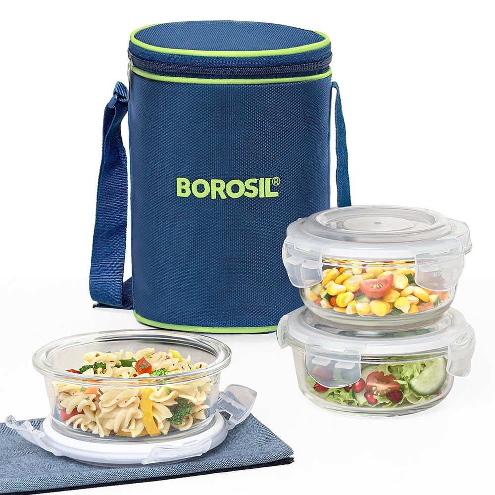Borosil Klip n Store Lunchbox with Bag | 3pc Round Container Set (400 ml Each) | Made in India Borosilicate Glass | Microwave & Dishwasher Safe | Tiffin for Office, School, College | Vertical