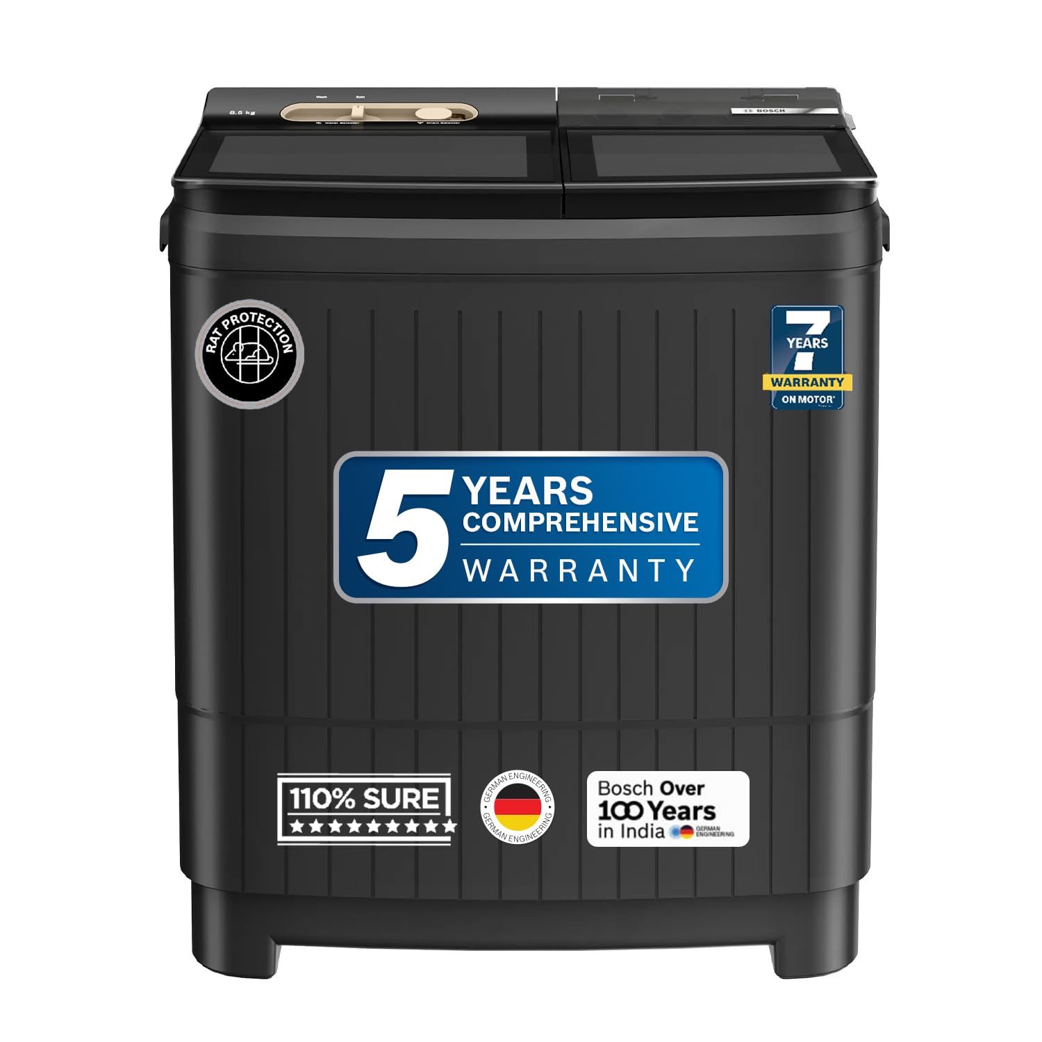 Bosch 8.5 kg 5 Star Semi-Automatic Top Loading Washing Machine (2025 Model, WJG855G0IN, 4 Wash Programs, Anti-Rust Body, 1300 RPM Spin Speed, Black, 5 Years Comprehensive Warranty)
