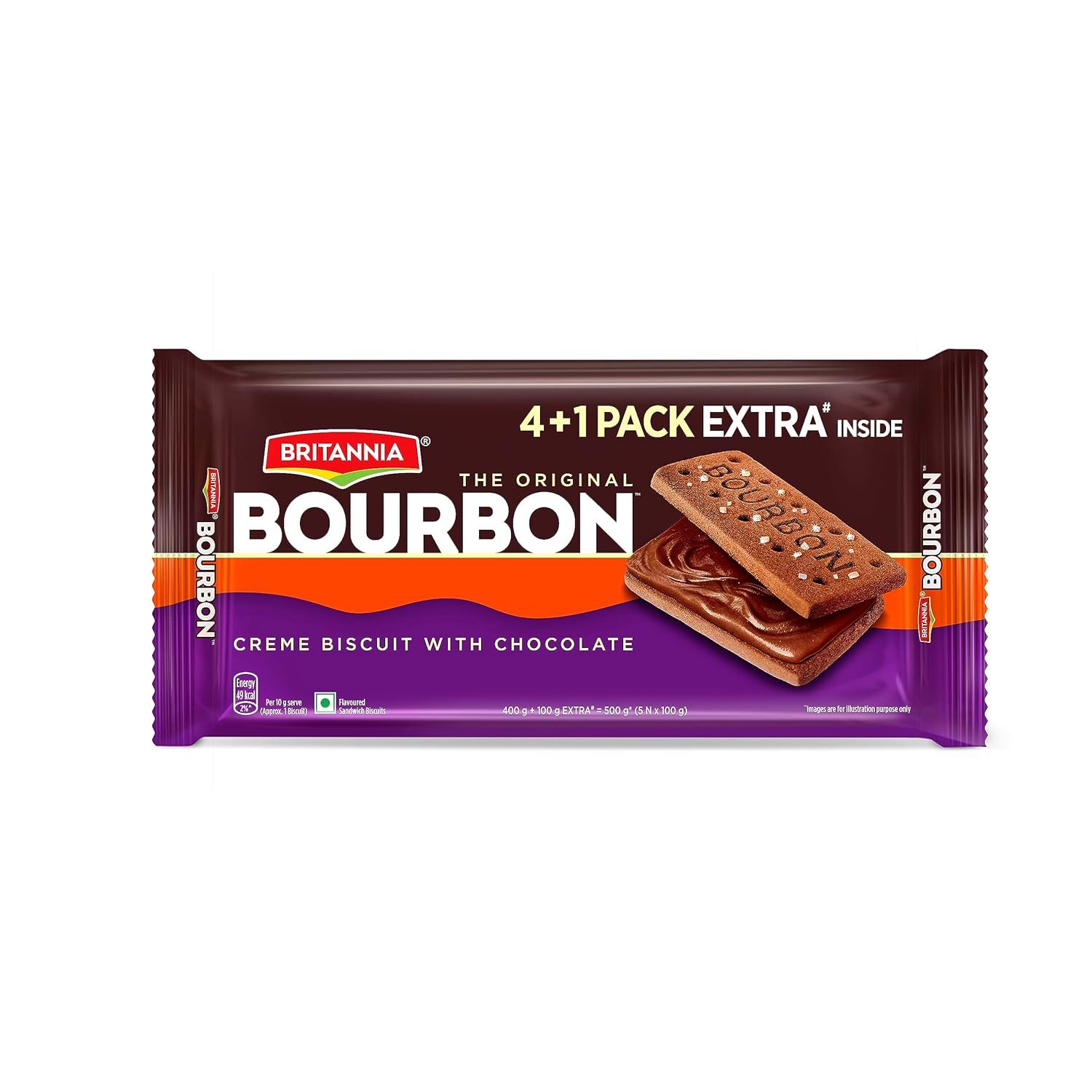 Britannia The Original Bourbon – Creme Biscuit with Chocolate | Buy 4 Get 1 Free | 500gm | Chocolatey Indulgence in every layer