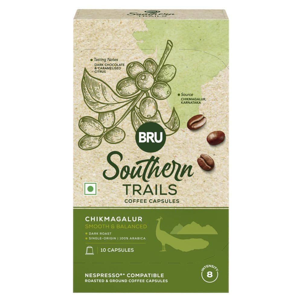 Bru Southern Trails | Nespresso® Compatible Coffee Capsules | Chikmagalur | Dark Roast | 100% Specialty Grade, Single Origin Arabica Coffee | 55g