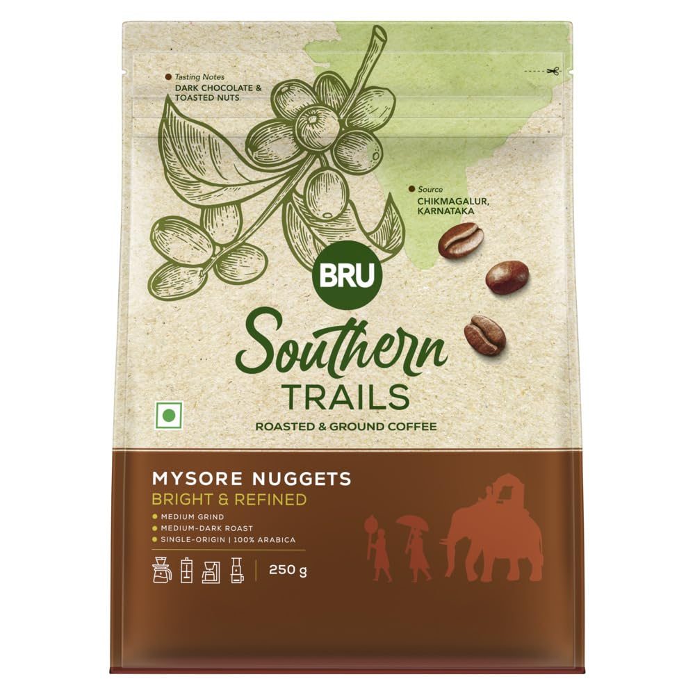 Bru Southern Trails|Mysore Nuggets|Medium-Dark Roast|100% Specialty Grade,Single Origin Arabica Ground Coffee|250 G,Bag