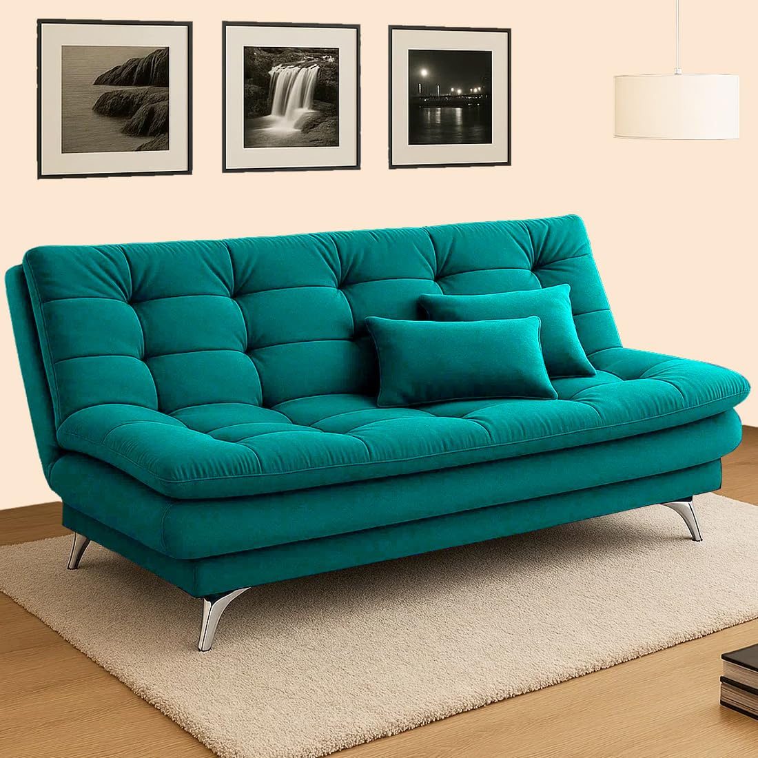CASASTYLE Eagal 3 Seater Fabric Sofa Cum Bed Set with 2 Cushions, Best Fit for Indian Homes, Living Rooms, Offices with 3 Year Warranty (Aqua Blue)