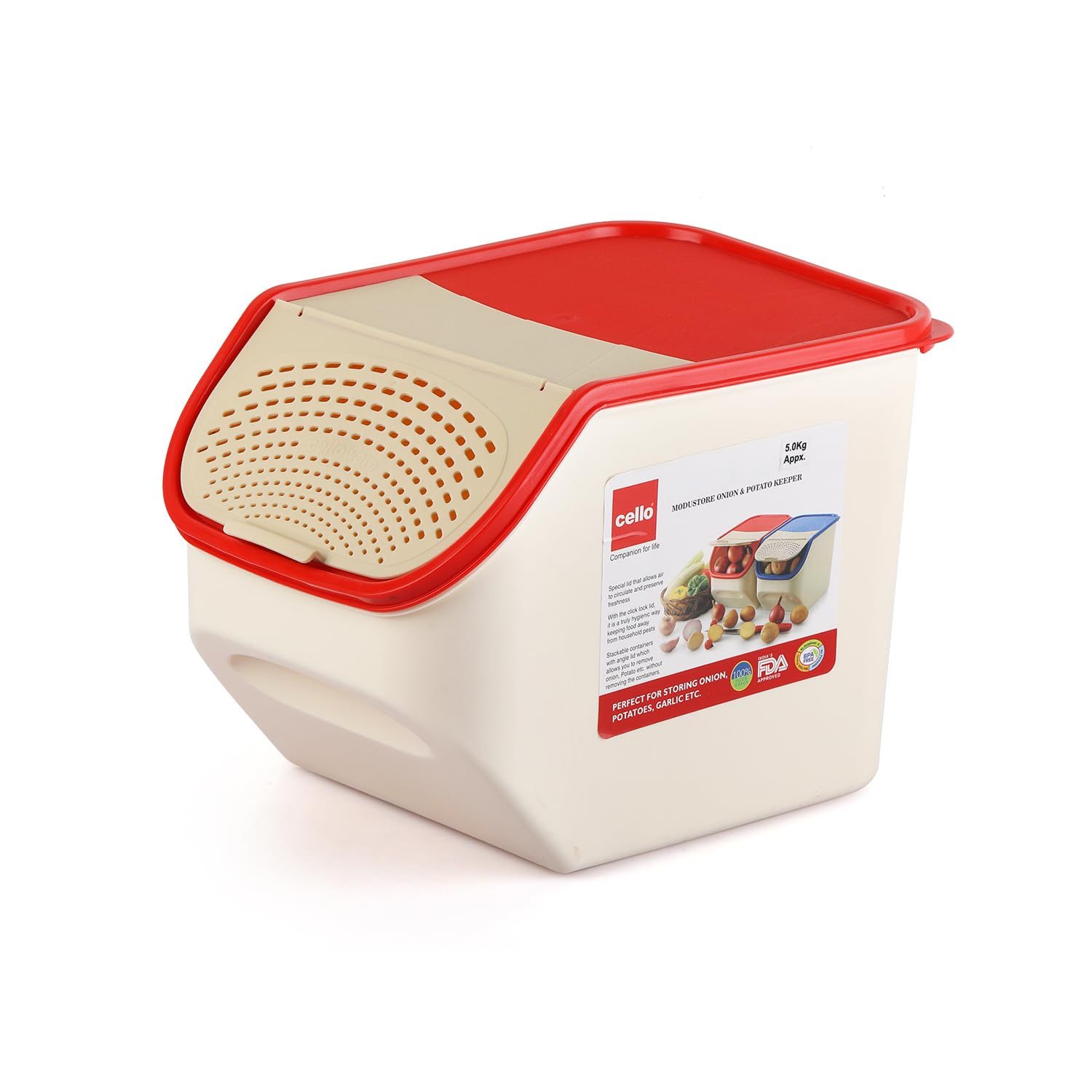 CELLO MF Plastic Onion and Potato Keeper | Easy-Open Lid |Air Tight | Kitchen Organiser | BPA Free| 5 Liters | Red