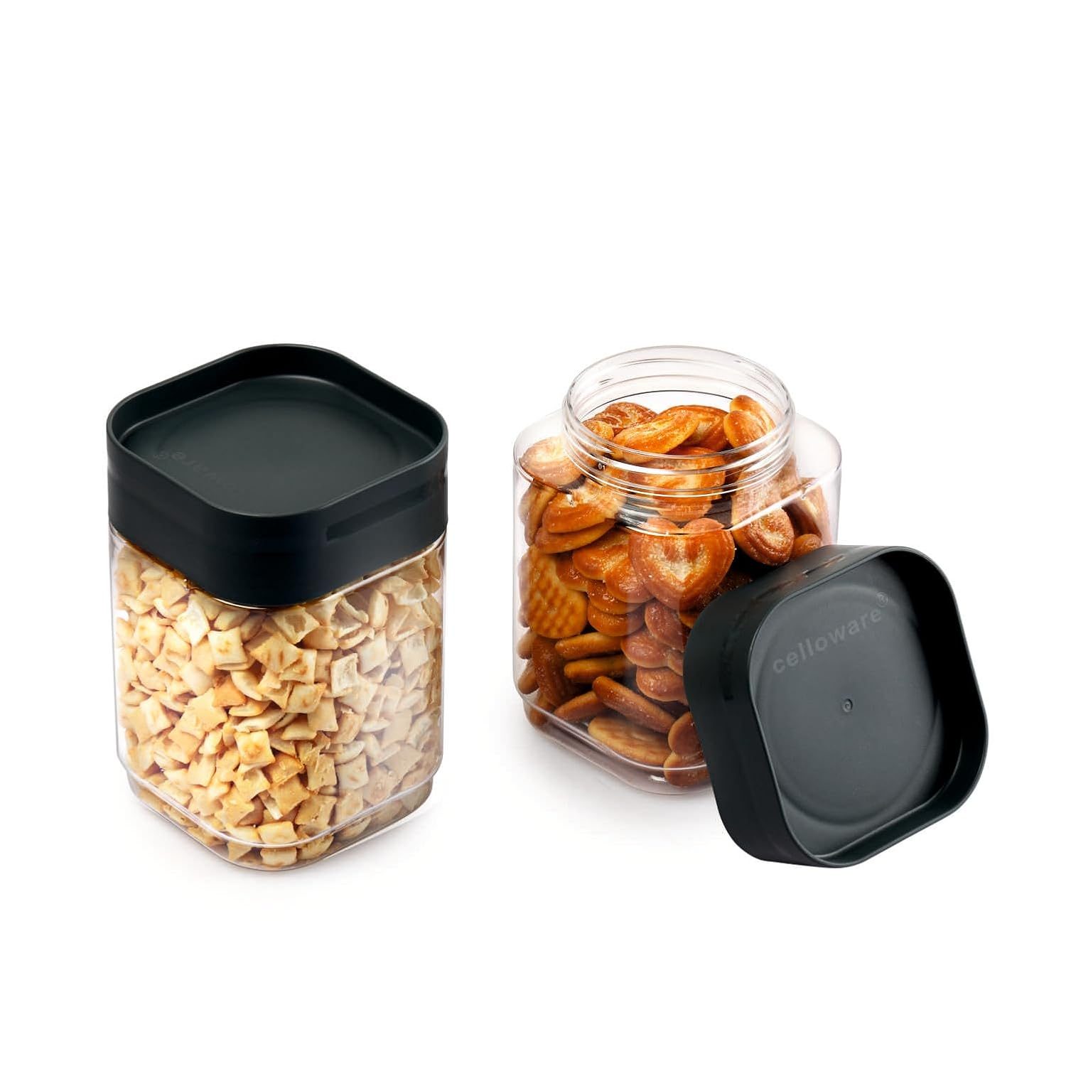 CELLO Modustack Square Containers Set of 2 (750 ml x 2), Grey | StackableFor Grains, Pulses, Spice, Cereals, Cookies, Dry Fruits | Fridge Storage Container