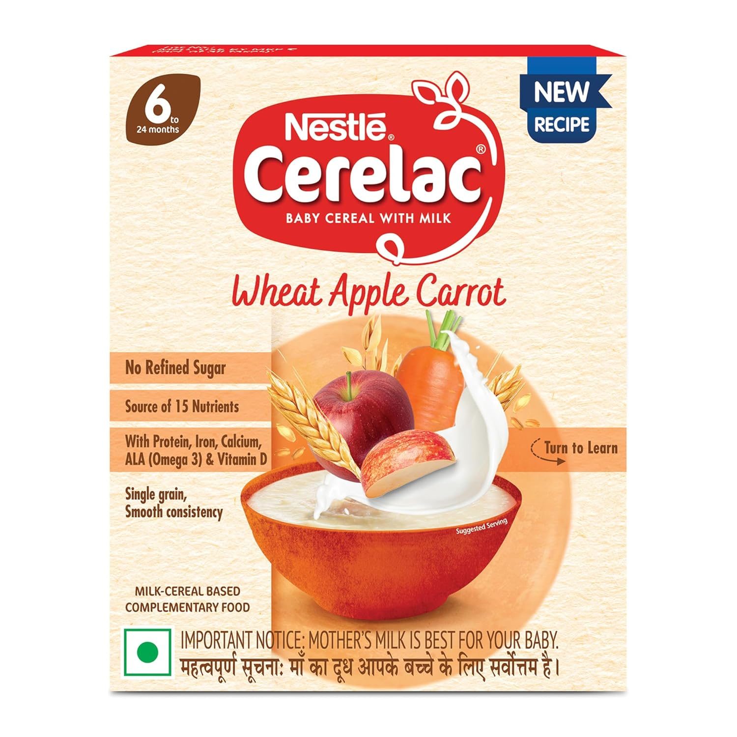 CERELAC Baby Cereal | No Refined Sugar | Wheat Apple Carrot for 6-24 months baby | Omega 3 Iron Protein Calcium for babies | Instant infant Cereal | Travel Friendly | 300g