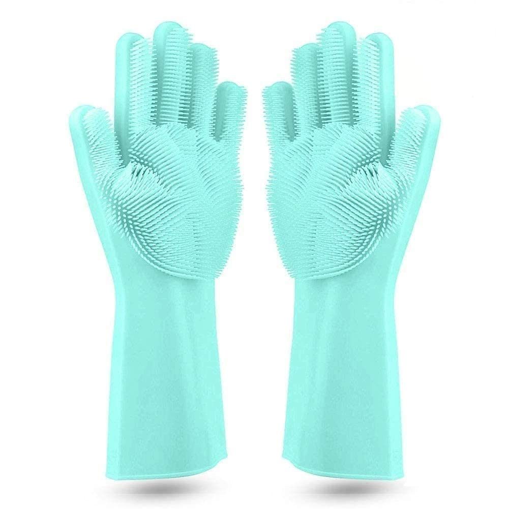CLAPONE Dish Washing Gloves, Silicon Cleaning Gloves, Silicon Hand Gloves for Kitchen Dishwashing and Pet Grooming, Great for Washing Dish, Car, Bathroom (Green, 1 Pair)