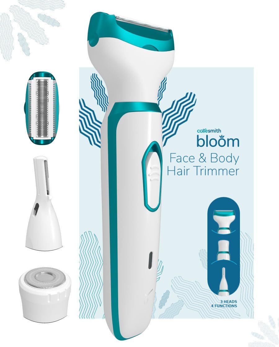 Caresmith Bloom 4 in 1 Face & Body Hair Trimmer for Women | 3 Heads- Bikini Trimmer & Shaver, Face Trimmer & Eyebrow Trimmer, Full Body Trimmer, Nose and Ear Trimmer | Rechargeable | Hair Removal Machine for Women, Glossy White