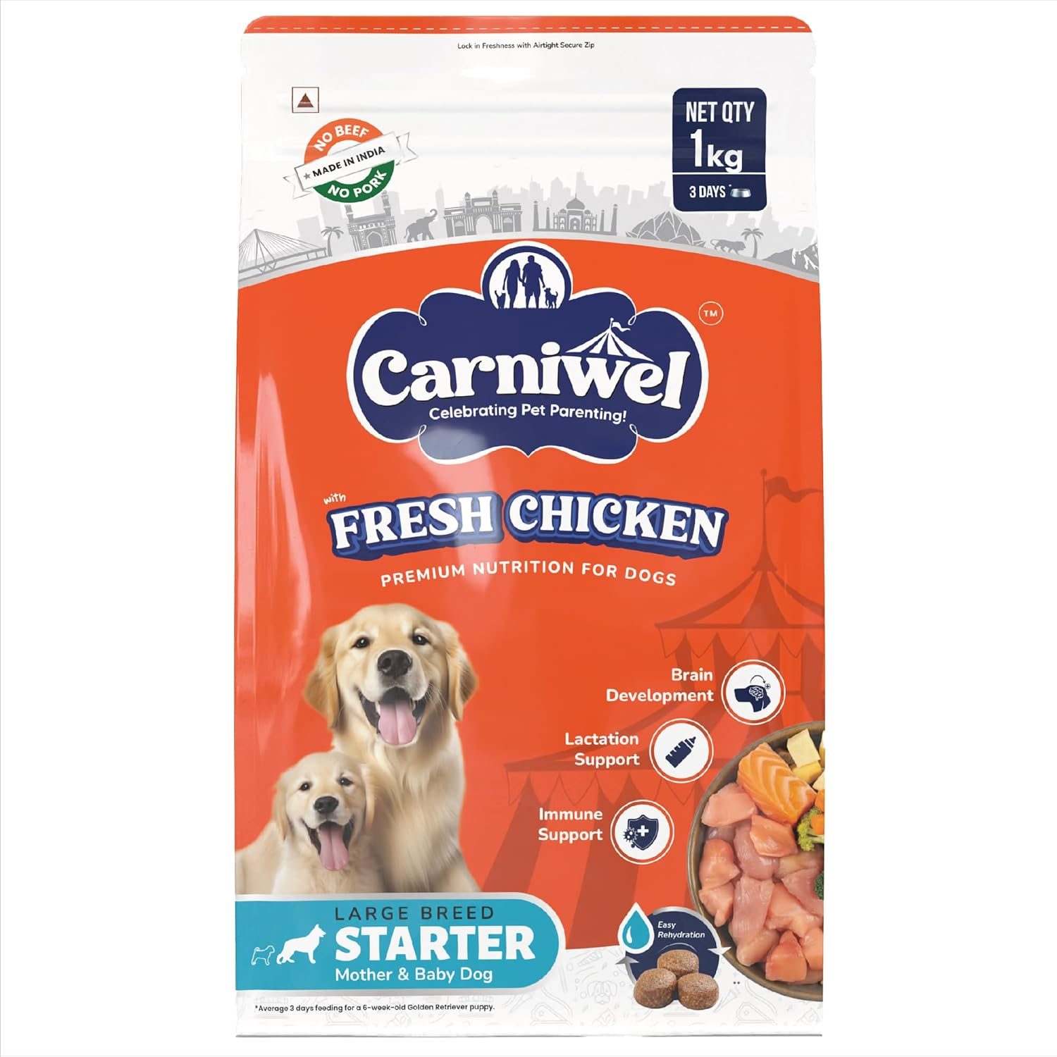 Carniwel Fresh Chicken Starter Dry Dog Food 1kg | Natural Ingredients for Easy Weaning | GMO-Free | Highly Palatable | Immune & Lactation Support | Premium, Tailored Nutrition for Large Dog