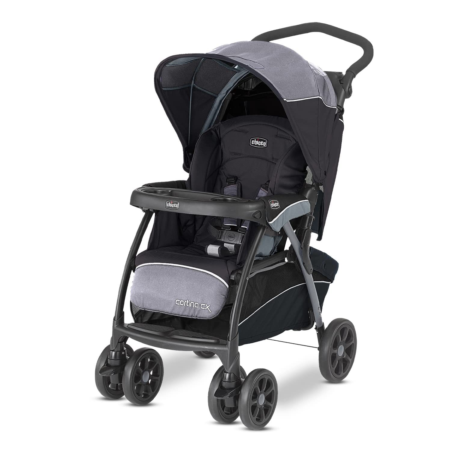 Chicco Cortina Cx Stroller & Pram with Adjustable Handle| 0-5 Years|Craddle Effect Seat|One Hand fold & Self Standing|Linked Brakes & Shock-Proof Wheels|Adjustable Canopy & Storage Basket (Jet Black)