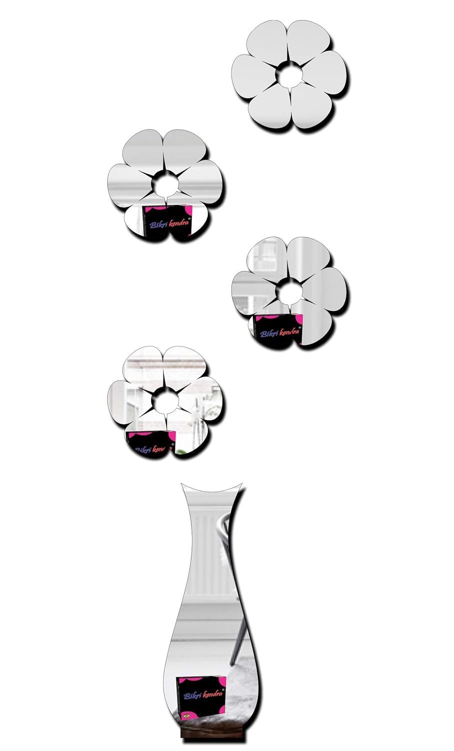 Chote Mote Seller – Flower Pot Mirror Stickers for Wall 3D Acrylic Sticker Mirror Sticker Wall Stickers for Hall Living Room (Silver, pack of 1)