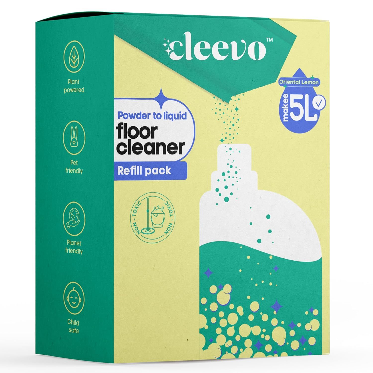 Cleevo Floor Cleaner Liquid (5L Refill Pack) | 1 Pouch = 1L Natural Disinfectant Floor Cleaners for Mops | Chlorine-Free Surface Cleaner, Eco-Friendly All-Purpose Floor Cleaning Liquid (Zesty Lemon)