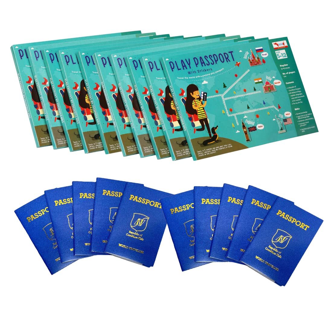 CocoMoco Kids Pretend Play Passport With World Map And Stickers Educational Learning Toy For Boys Girls – Unique Birthday Return Gift For Kids Combo Pack Of 10,Multicolor