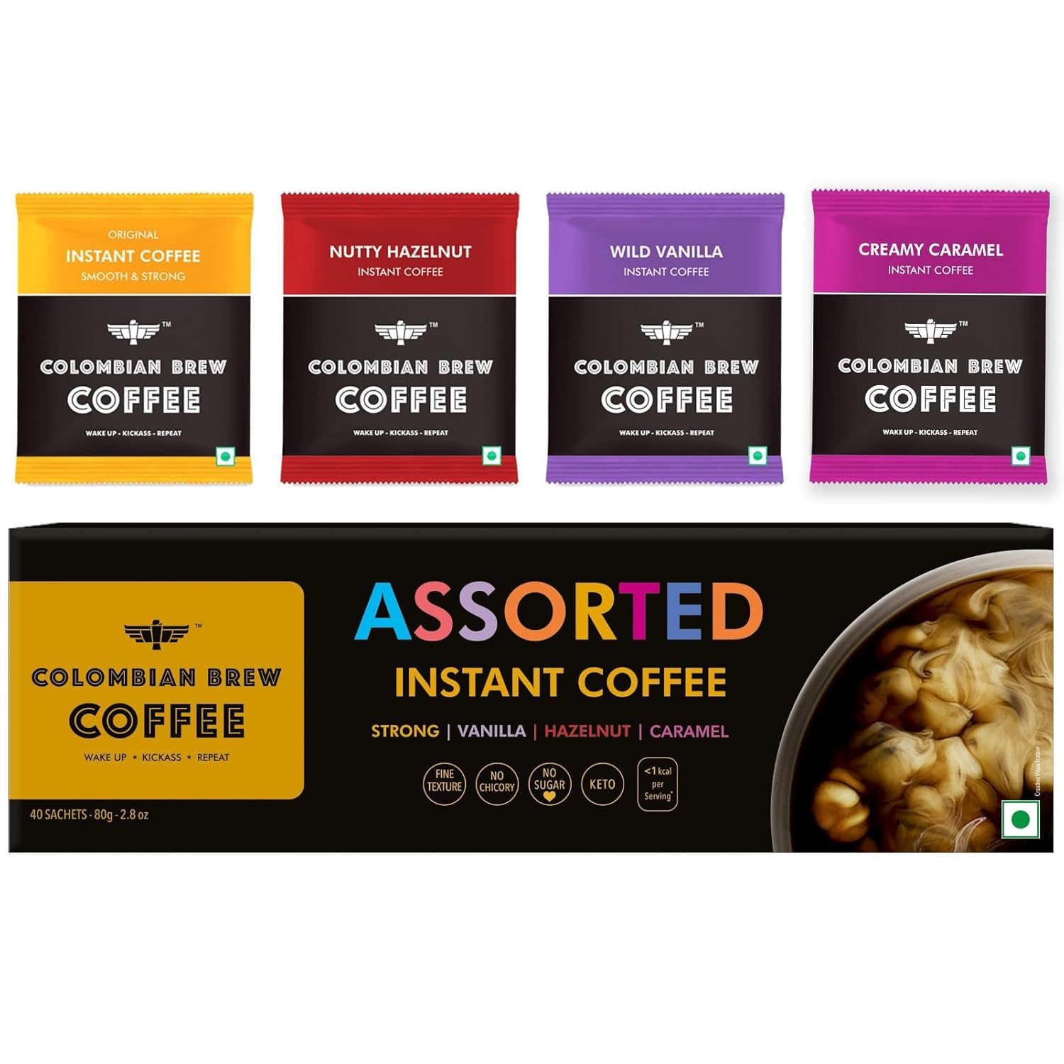 Colombian Brew Assorted Instant Coffee Powder Box (Strong,Vanilla,Hazelnut,Caramel) (Gift Pack Box Diwali, Rakhi) 80gm