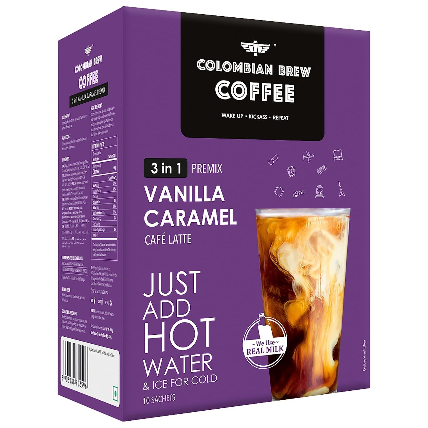Colombian Brew Vanilla Caramel Café Latte, Instant Coffee Powder Premix (3 in 1), 10 Sachets Box