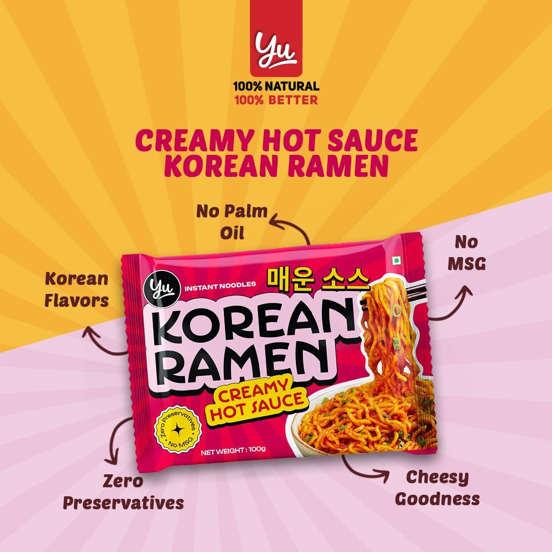 Creamy Hot Sauce Korean Ramen – Zero Preservatives & No MSG – 100% Natural Ingredients & Veg – Instant Noodles Ready in 6 Mins – 100g – Yu