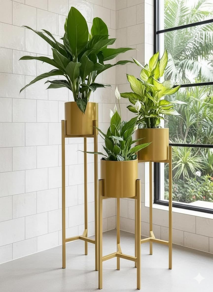 DHARA HOME DECOR Modern Metal Floor Flower Stands Planter for Living Room Bedroom Display Plant Stand Tall Indoor Plant Stand with Plant Set of-3 (Golden)