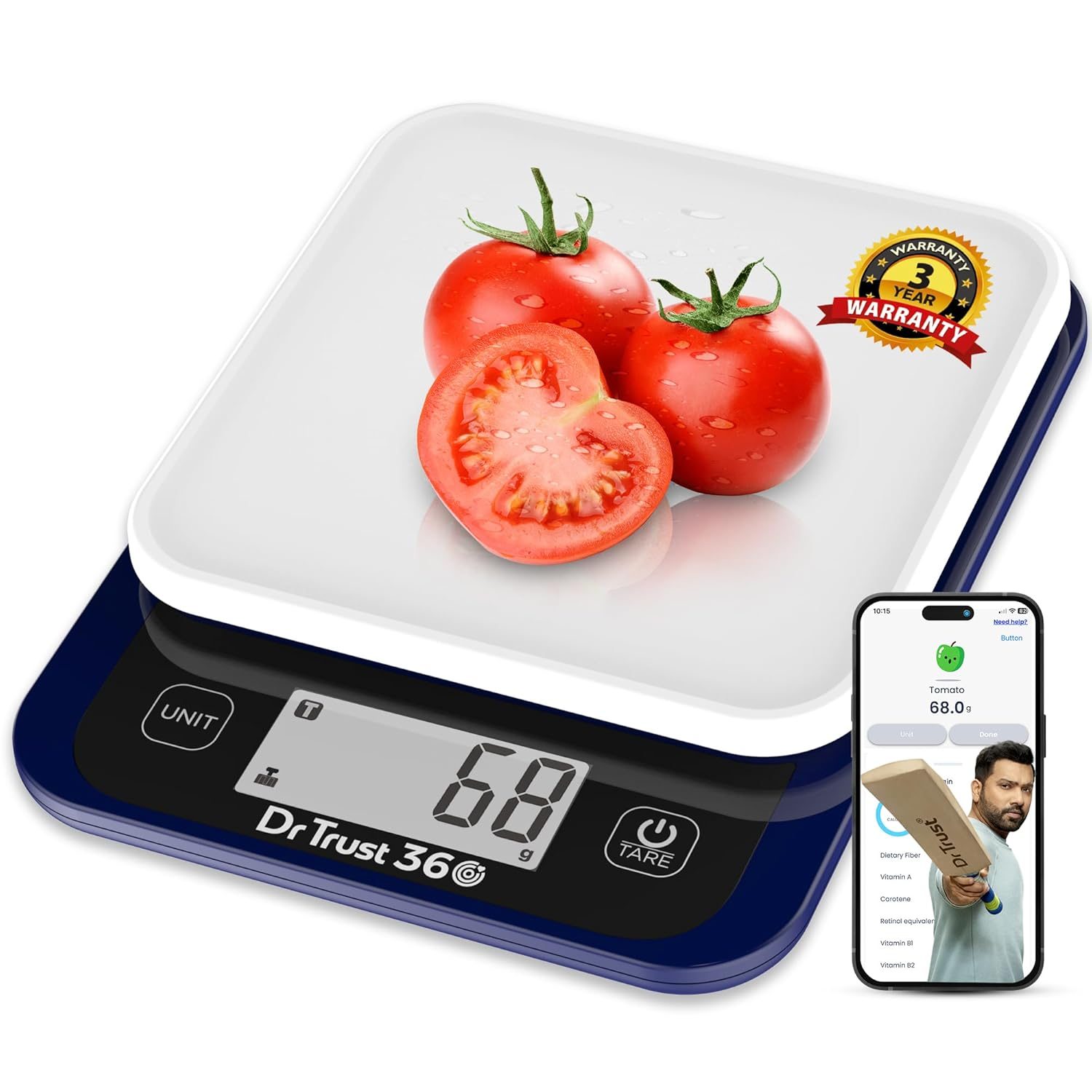 Dr Trust USA Smart Nutrition Electronic Kitchen Digital Scale Weighing Machine For Health, Fitness, Diet, Nutrition, Cooking and Home Baking with Bluetooth, Bright LCD, Touch Button, Tare Function(5 Kg)- 530