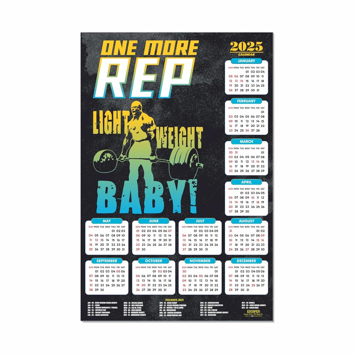 ESCAPER One More Rep Gym Wall Calendar 2025 hanging (12 x 18), Wall Calendar 2025 for Gym Motivation, Workout Wall Calendar 2025 for Gym, Exercise Wall Calendar 2025, Bodybuilders Wall Calendar 2025, Fitness Center Wall Calendar 2025