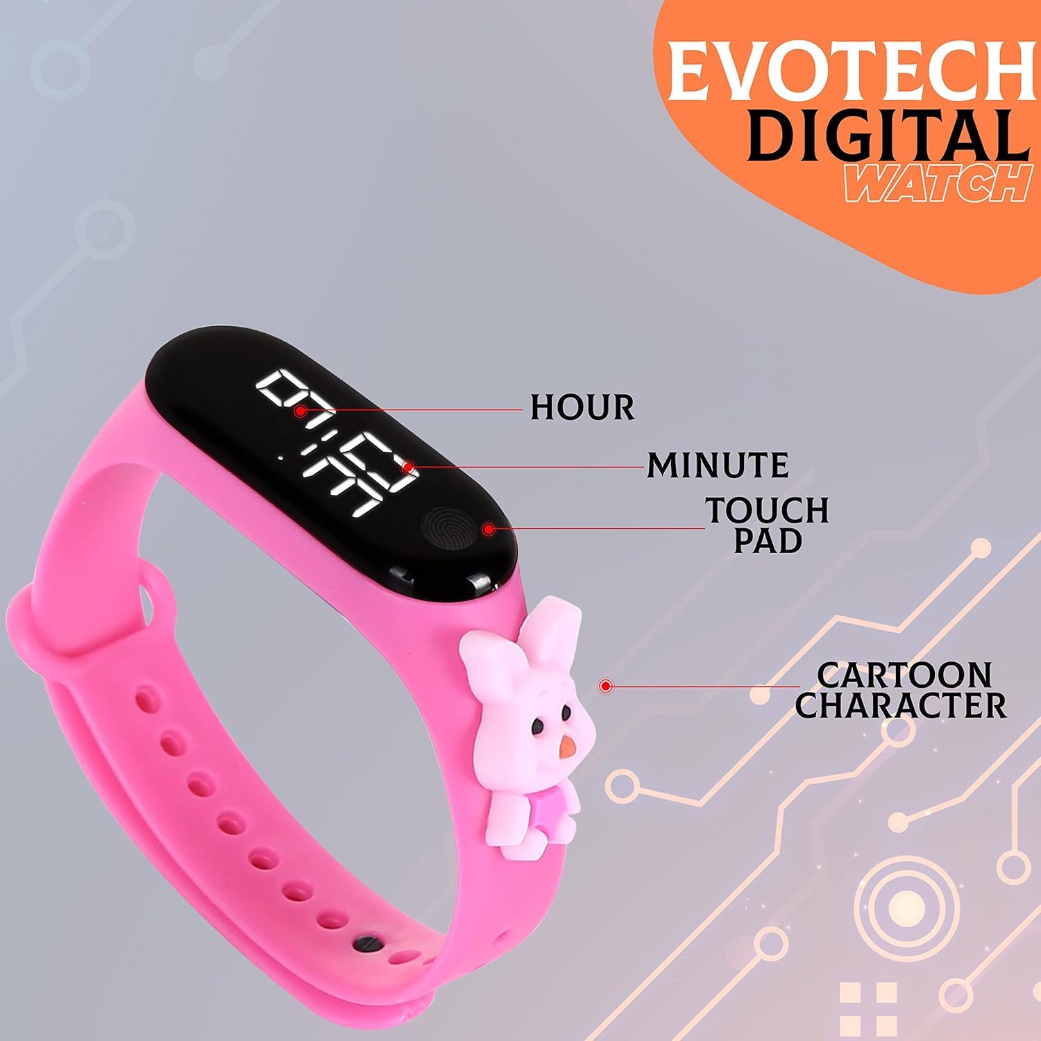 EVOTECH Silicone Digital Led Band For Kids, Boys & Girls, Smart Watch, Waterproof Stylish And Fashionable (Age 2 To 12 Years) (Kitty),Dial-Black, Band- Pink