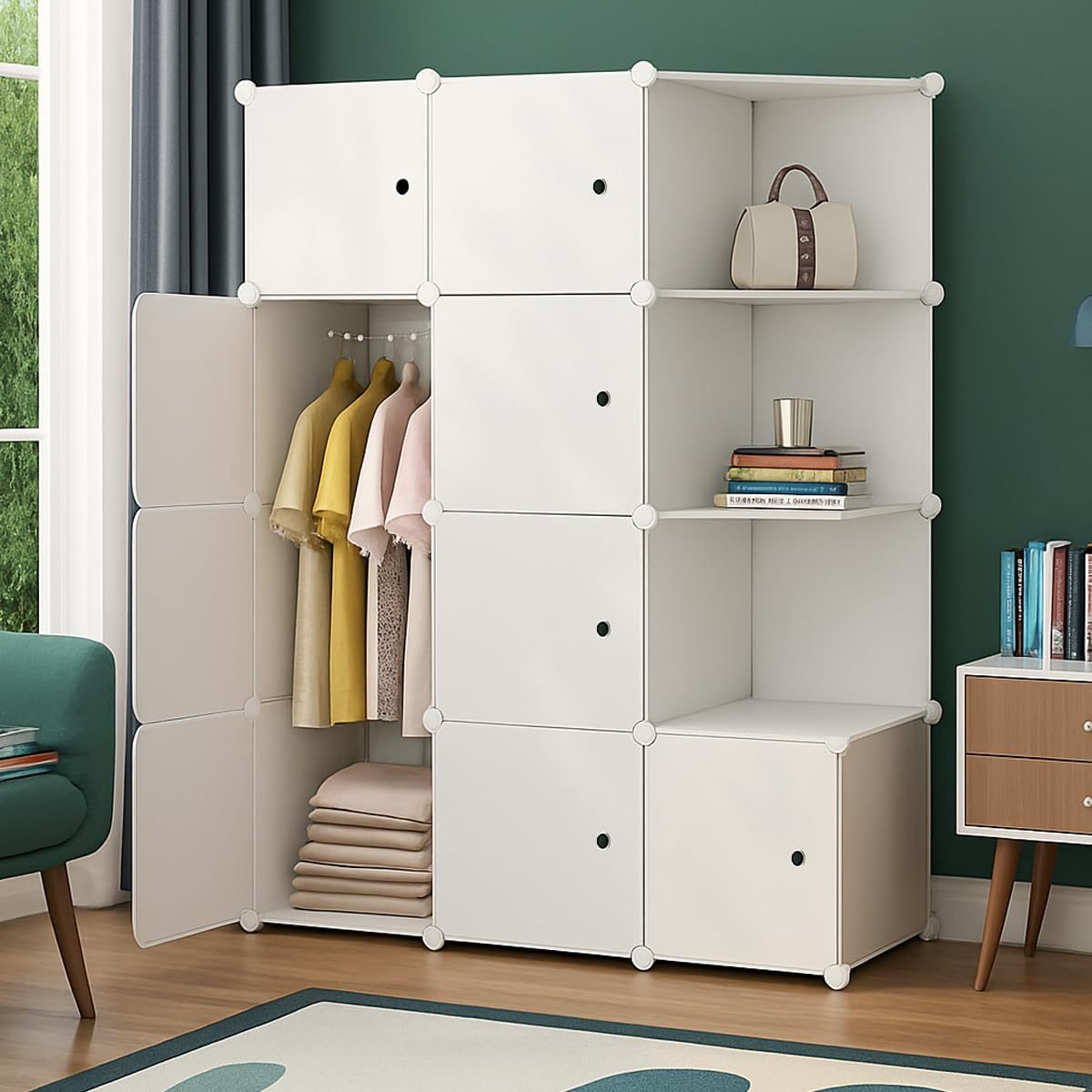 EXVITO 6 Door Kids Plastic Wardrobe for Clothes, Foldable Plastic Almirah for Toys & Clothes, Collapsible Wardrobe for Storage, Baby Cupboard for Home and Kitchen (White, 12 Door)