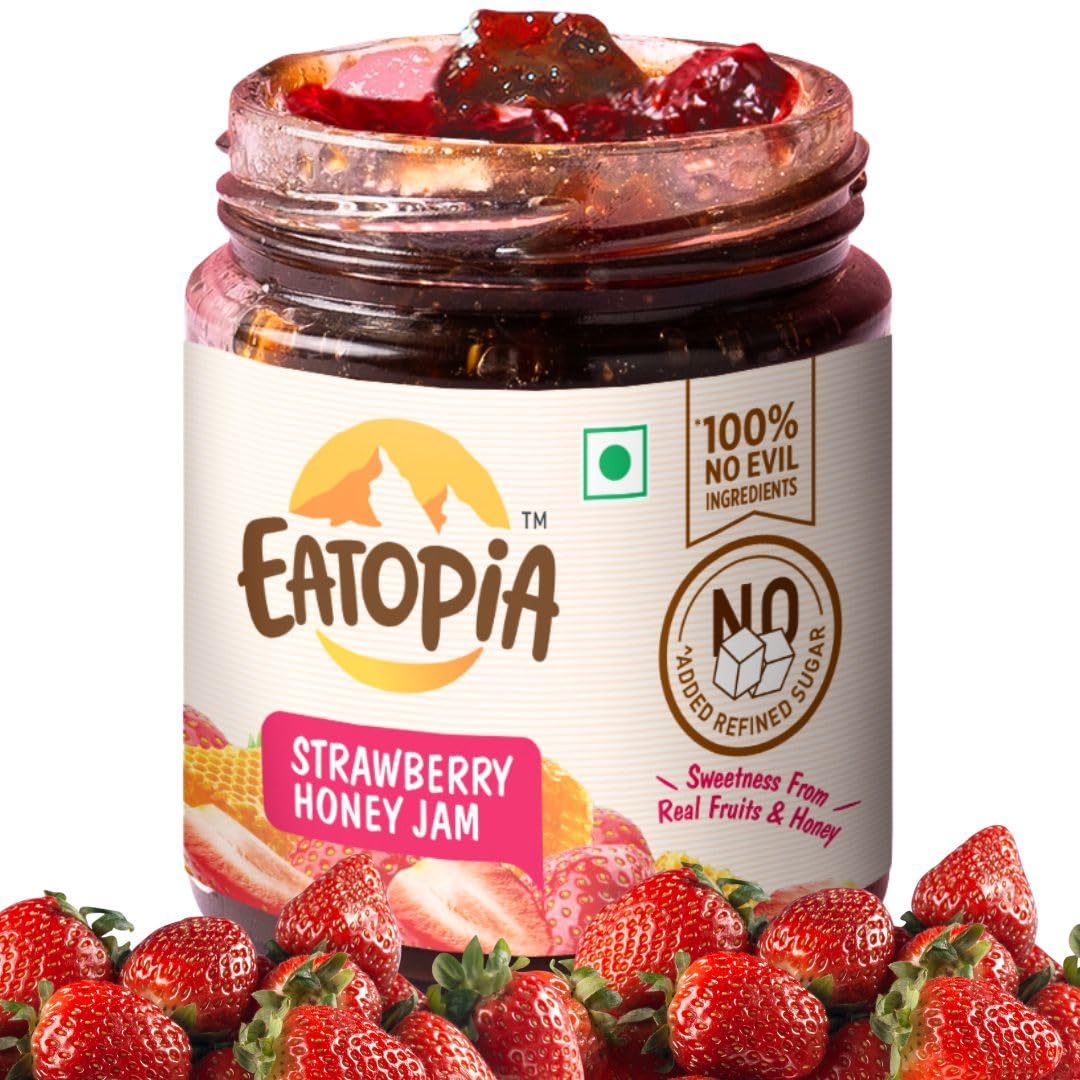 Eatopia Strawberry Honey Jam – Kids & Adult | Sugar Free | 100% Pure & Natural | No Preservatives | No Added Flavours | 70% Strawberries & Wild Honey | Good for Gut Health | Pack of 1-240g