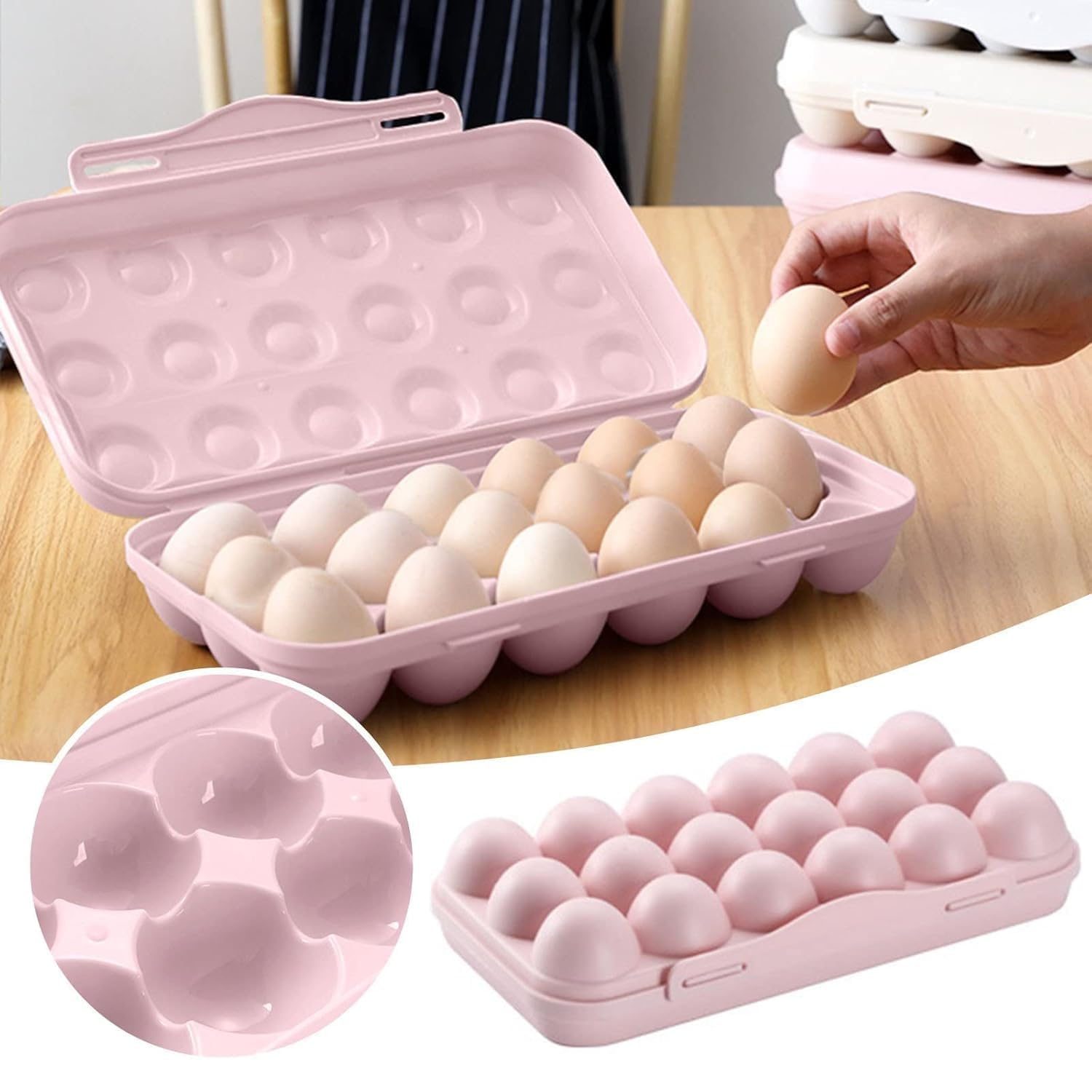 Egg tray box container egg storage holder for kitchen organizer fridge Freezer, Stackable Tray Organizer Storage home hotel Cases Double Layer Box Camping (Pink)