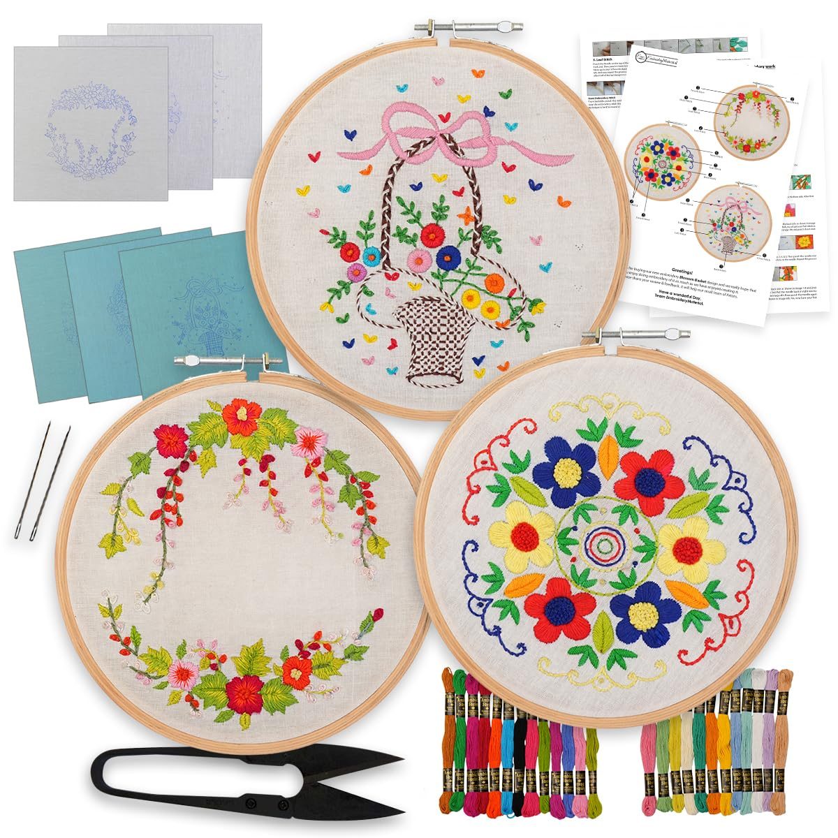 EmbroideryMaterial Pack of 3 Embroidery Kits – Floral Wreath, Colorful Floral & Basket of Flowers Designs, Embroidery Kit for Beginners & Adults with Wooden Hoop, Cloth Fabric (All Material Included)