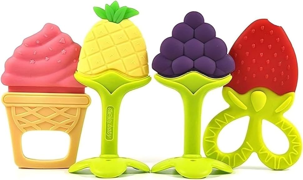 EpiskeyTeething Baby Chew Toys, BPA-Free Baby Teething Toy for Babies 0-6 Months. Natural Organic Freezer Safe Specialized Teether Toys for Toddlers, Relief Gingival Pain (3D TEETHER 4 Pack)