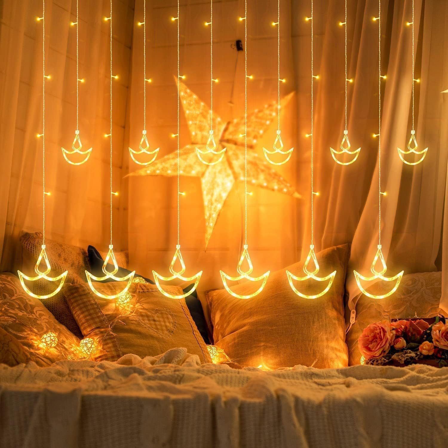 FLYNGO 12 Diya Diwali Curtain String LED Lights for Decoration, Window Lights with 8 Flashing Modes, Home Decoration for Diwali, Wedding, Party, Christmas, Balcony – Warm White (12 Diya)