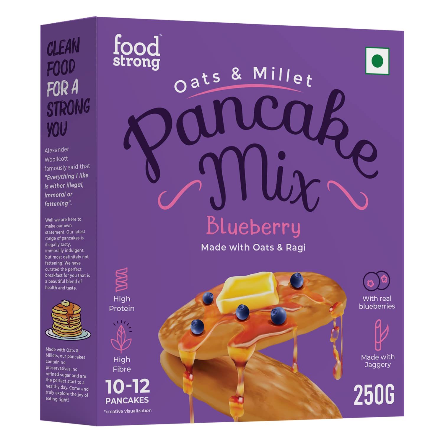 Foodstrong Oats and Millets Blueberry Pancake Mix, High Protein & Fibre, No Maida, No Refined Sugar – Made With Jaggery, Eggless Instant Breakfast Mix 250 g