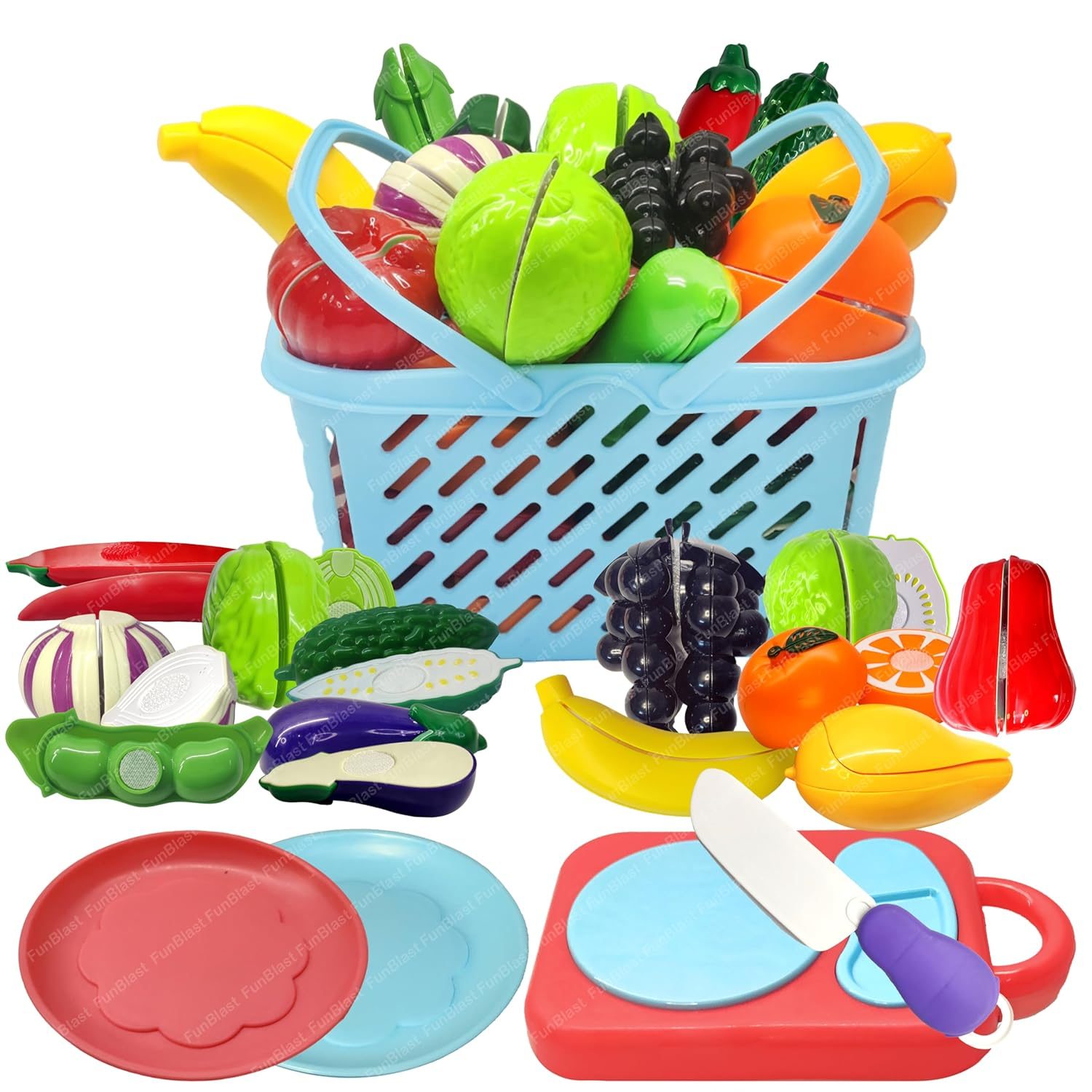 FunBlast Fruits and Vegetables Play Set Toys, Realistic Sliceable Cutting Pretend Play Kitchen Toys for Kids, Play Food Toys, Fruit Vegetable Toys, Chopping Board with Knife and Basket (17 Pieces)