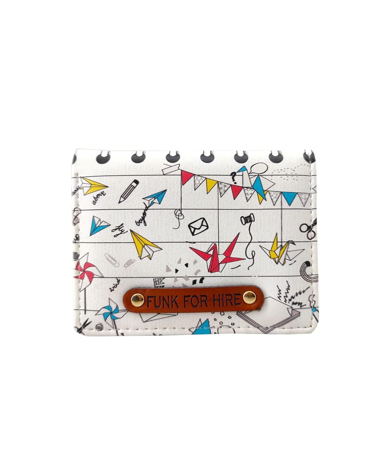 Funk For Hire Unisex Vegan Leather Small Card Wallet White Mini Bifold Slim Wallet with 6 Card Slots, Coin Zipper Pouch and Cash Compartment Lightweight Compact Wallet
