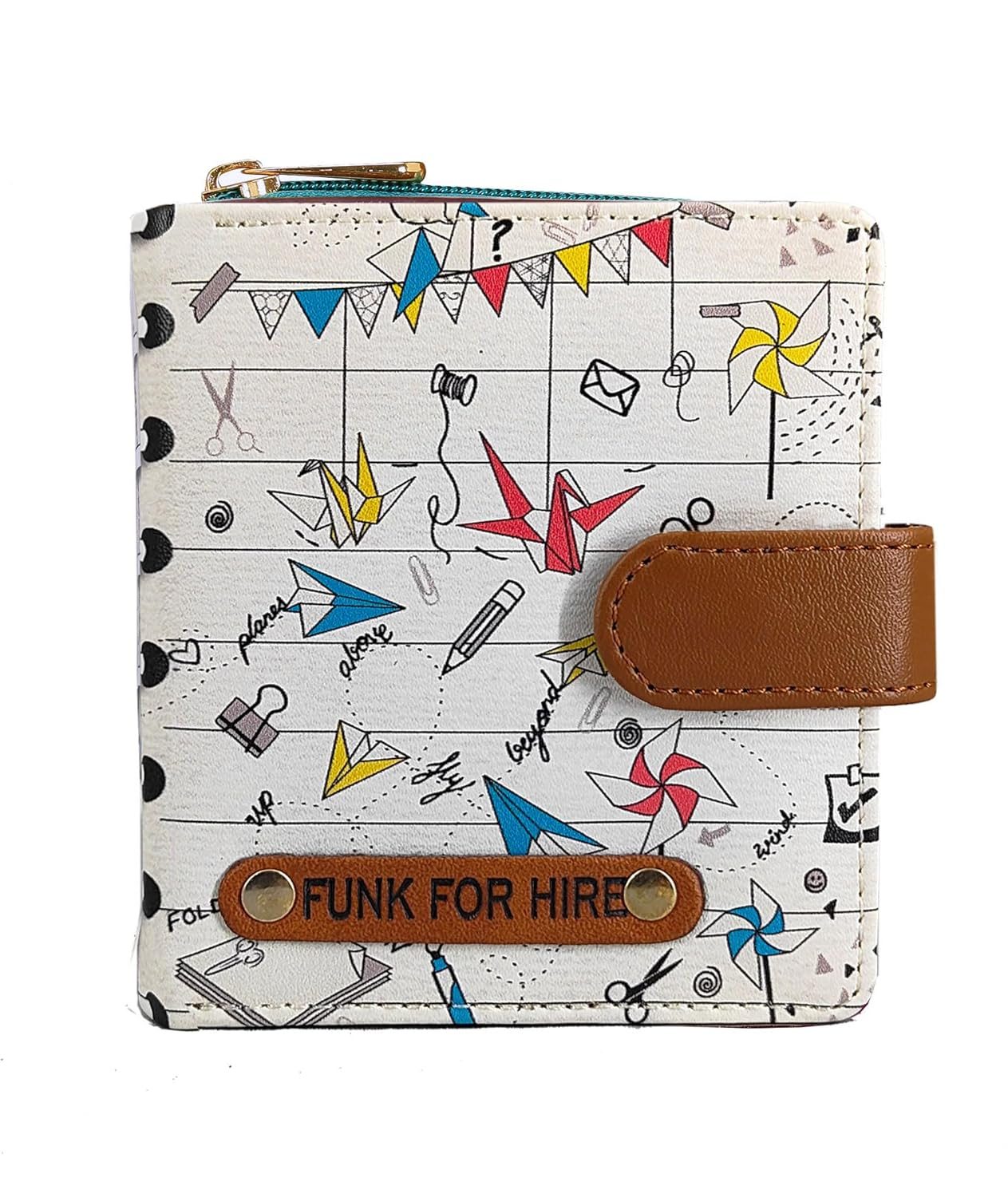 Funk For Hire Women’s White Origami Print Wallet | Vegan Leather Two-Fold Compact Wallet | 8 Card Slots | Coin Pouch with Zipper | Cash Compartment | Stylish Minimalist Purse