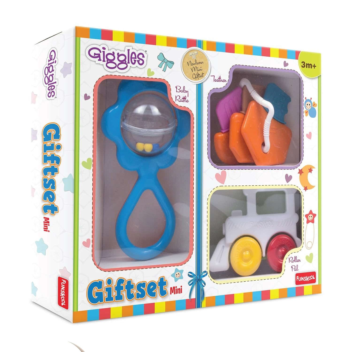 Funskool Giggles – Gift Set Mini, Multicolour Baby Toy Gift Set for New Born, Rattle,Teether,Vehicle, 6 Months & Above, Infant Toys