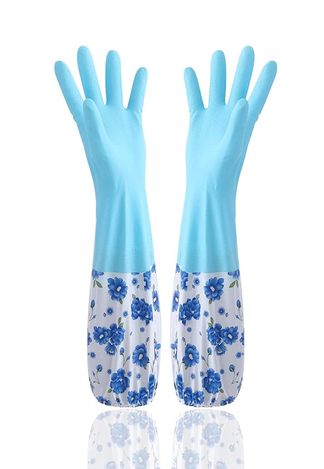 GDNK Reusable Rubber Latex PVC Flock lined Long Sleeves elbow length Hand Gloves for Kitchen Dish-Washing, Cleaning Gloves (Pack of 1) (Cotton (Multicolor)