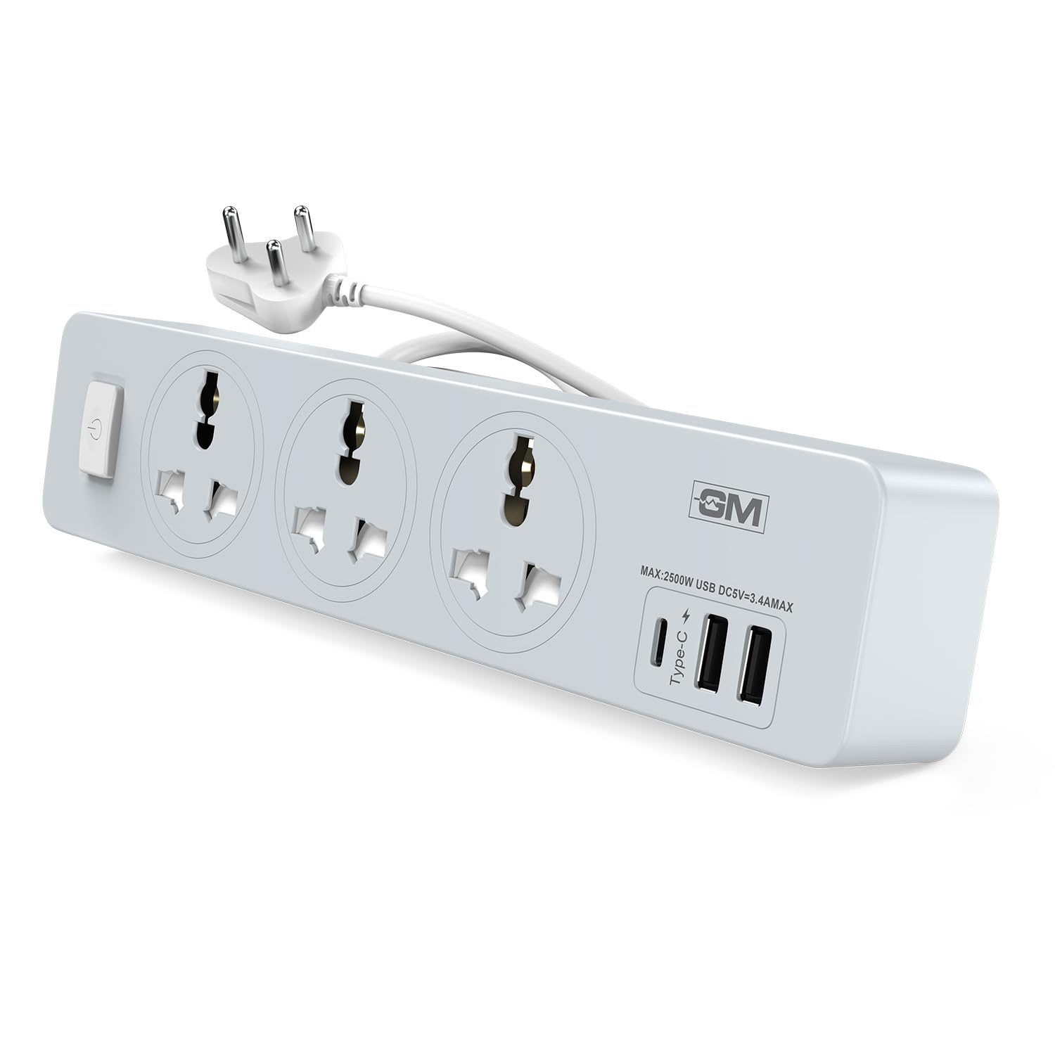 GM Cuba 3341 Power Strip with USB Type–C & 3 International Sockets | Extension Cord with Surge Protection | Fireproof Body Upto 750 Degree | 3.4A Power Output & 1.8mtr Cord Spike Guard
