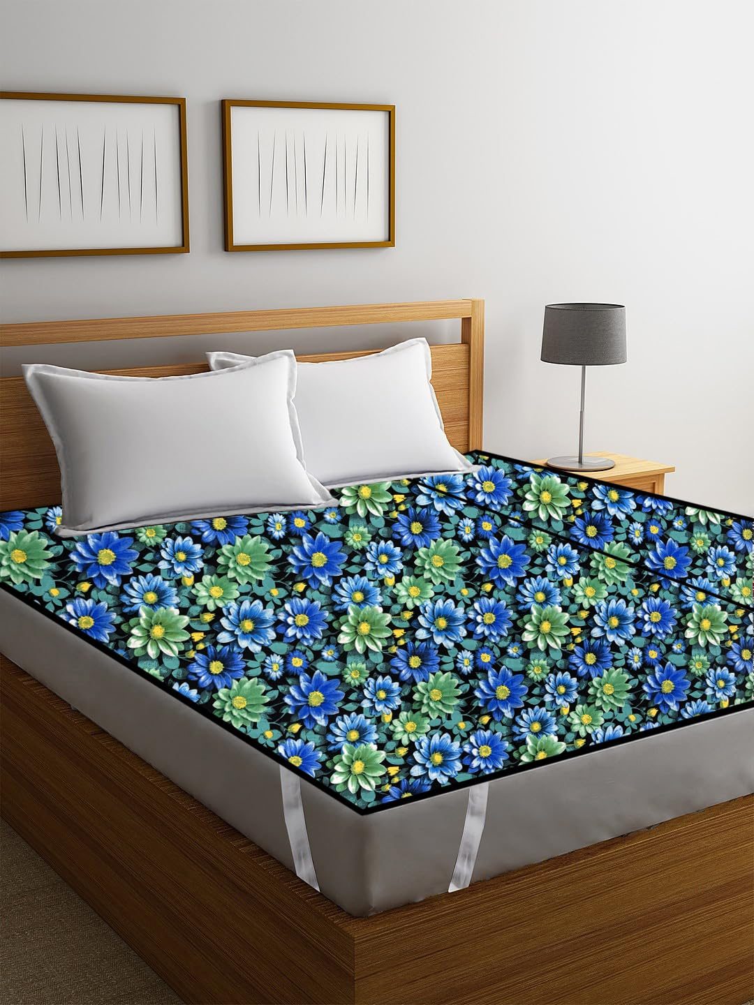 GURU-ISHMA Waterproof King Size 75×72 inch Polyster Mattress Protector Breathable Noiseless Elastic Fitted Bed Protector Mattress/Bed Cover/Bed Toper (King 75×72 inch | 6×6 ft, Floral Blue)