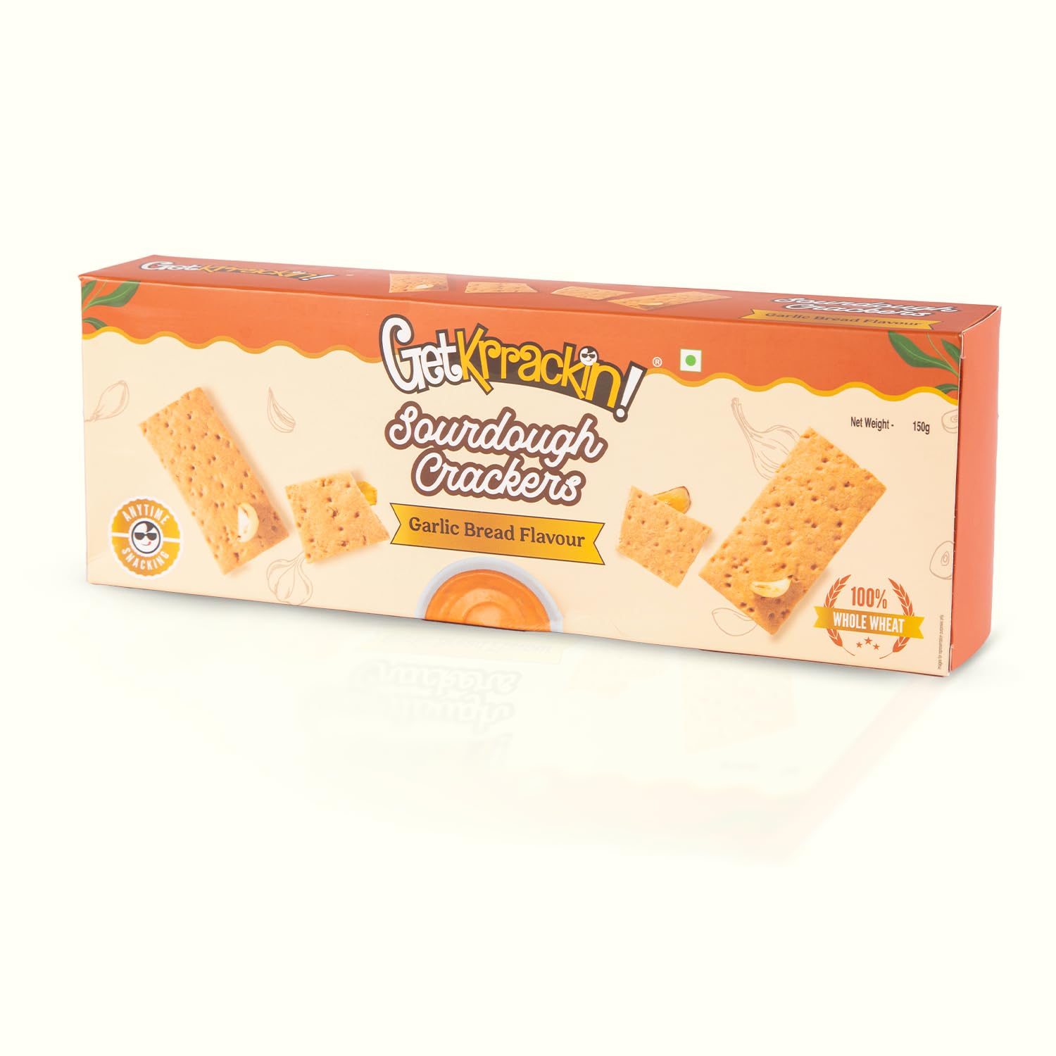 Getkrrackin! Sourdough Crackers (150g) – Garlic Bread | Whole Wheat Crunchy Biscuits | Pair With Cheese, Fruits, Nuts, Soups, & Vegetables | Flavoured Thin Crisps | Tasty Tea Time & Party Snacks