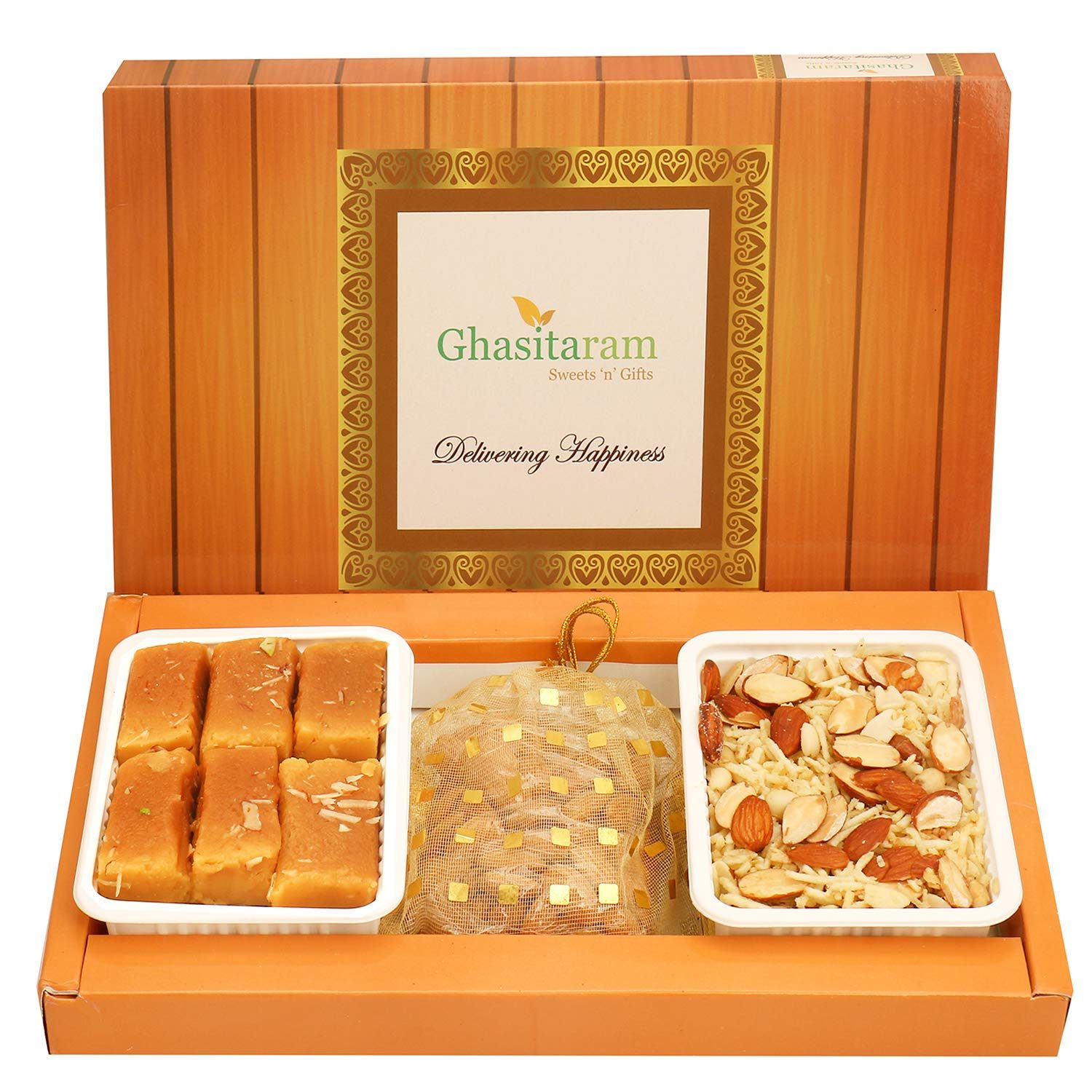Ghasitaram Gifts Mother’s Day Gifts Mysore Pak ,Namkeen and Almonds Pouch Hamper|Gift Hamper|Diwali Gift Hamper|Food Hampers|Gourmet Hampers|