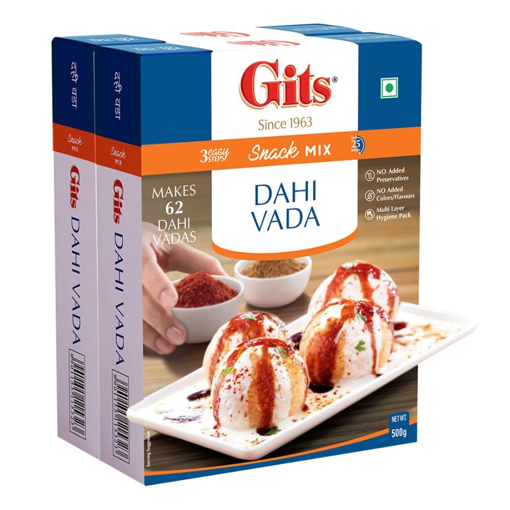 Gits Instant Dahi Vada Mix, Makes 62 Per Pack, Pure Veg, Instant Indian Snack Mix, 1000g (Pack of 2, 500g Each)