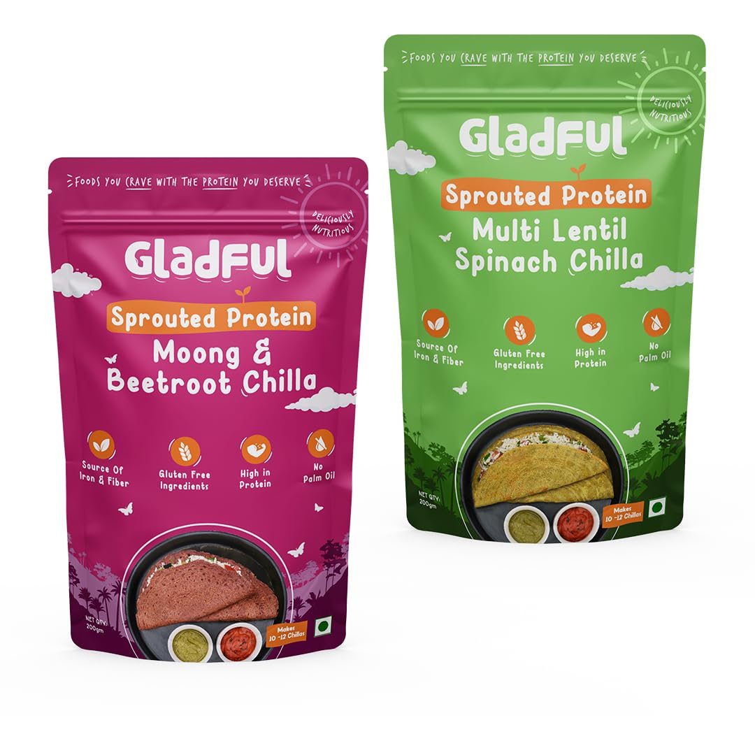 Gladful Sprouted Lentils & Millets Instant Chilla Dosa Mix, Natural Healthy Protein & Fiber-Rich Breakfast No Maida, No Palm Oil, Low GI, High Fiber 200 gram (Pack Of 2, Beetroot & Spinach)