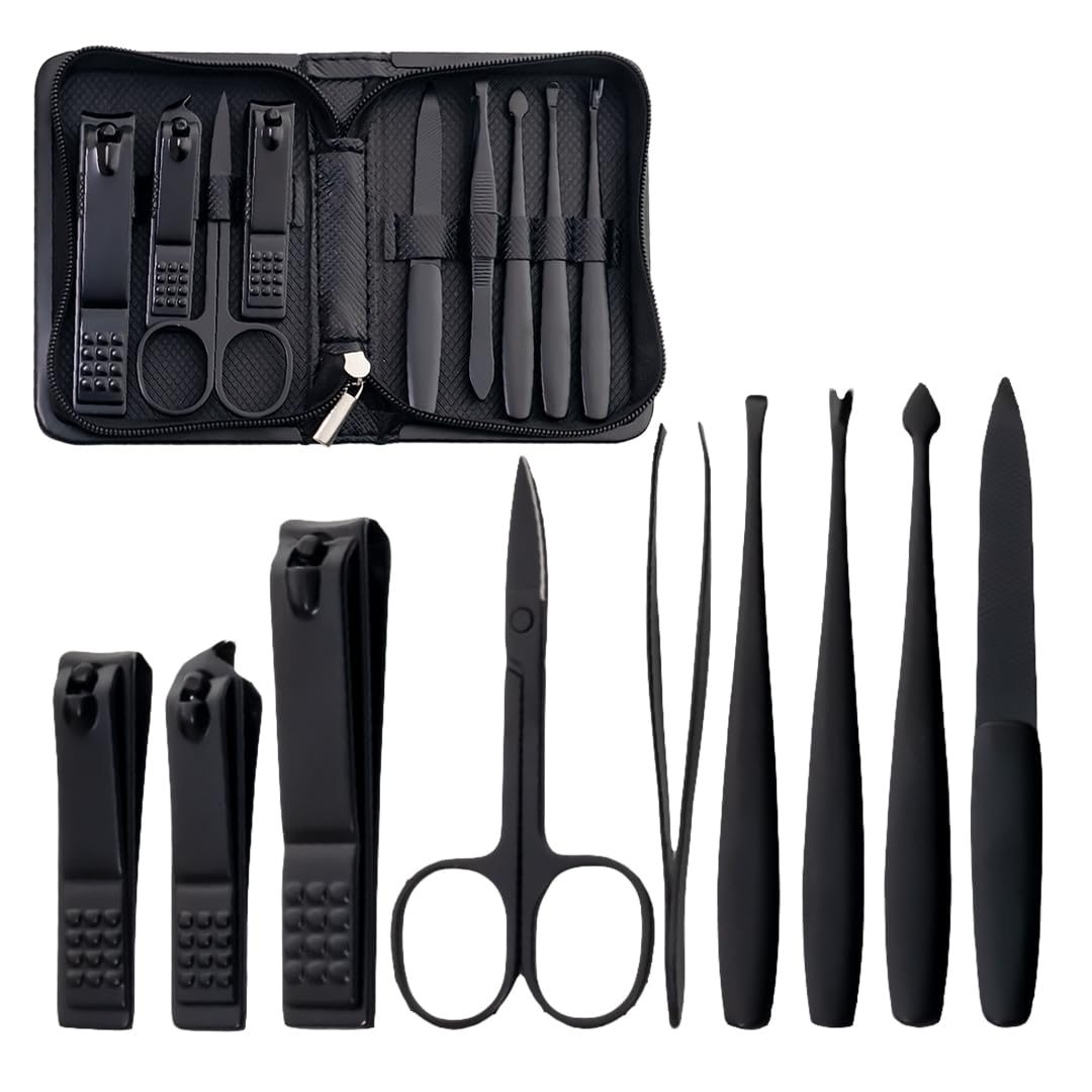 Gleva 9 In 1 Stainless Steel Manicure Kit, Nail Cutter Set, Manicure Pedicure Kit, Manicure Set, Personal Care Nail Clipper Kit, Nail Kit, Nail Tools with Black Leather Travel Case For Men & Women (Black)