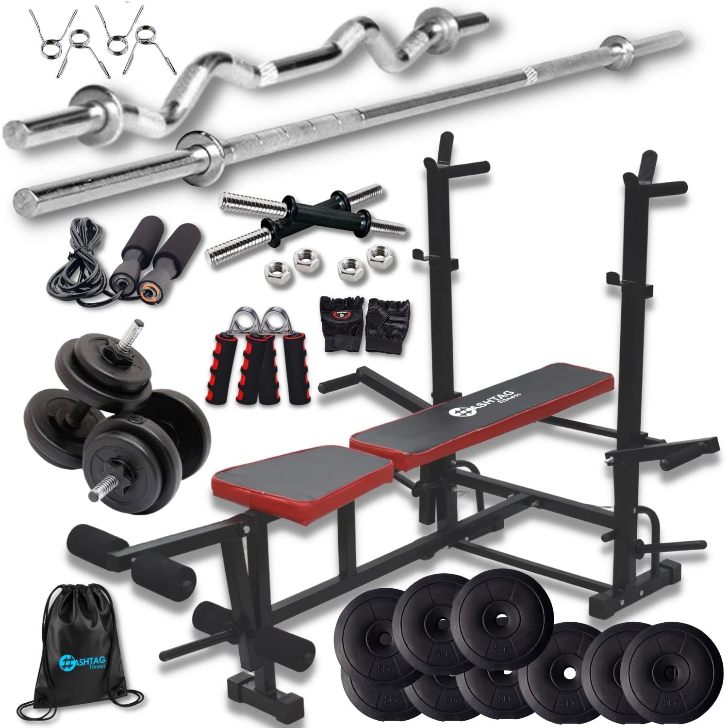 HASHTAG FITNESS 10kg to 60kg Gym Equipment Set for Home Workout Dumbbells Set for Home Gym for Home with 8in1 Gym Bench for Home Workout (40kg), incline, Black And Red