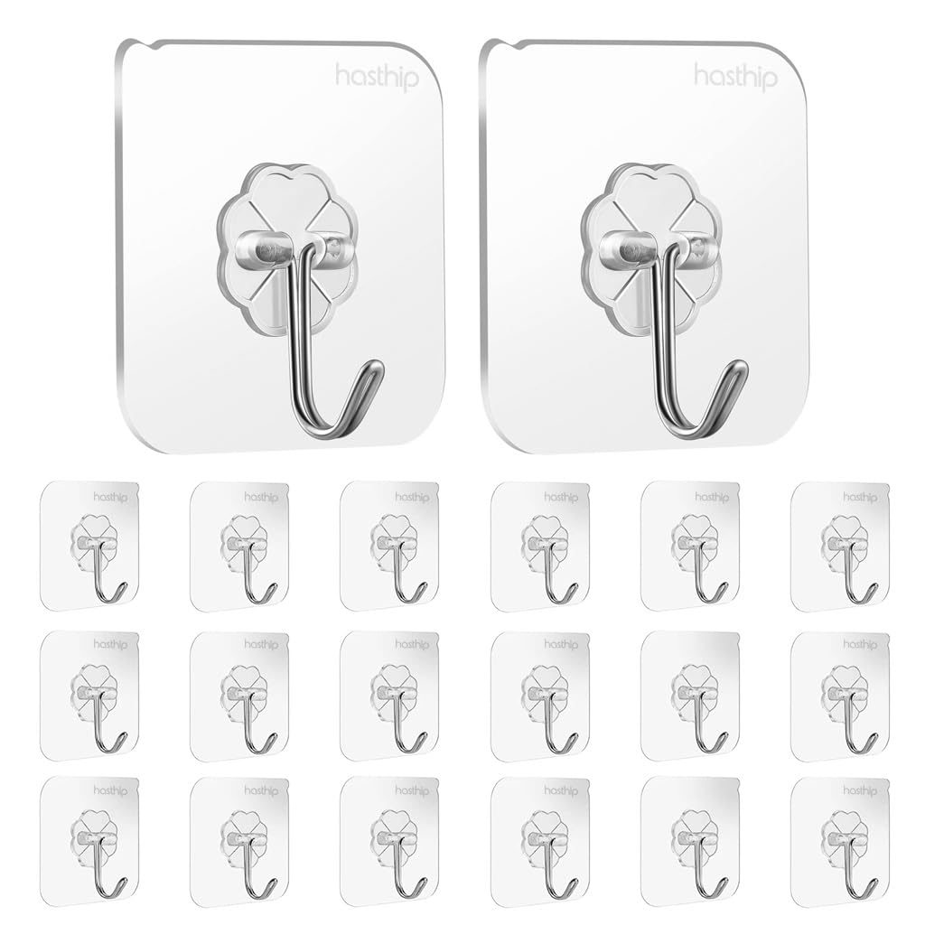 HASTHIP Polycarbonate 20Pcs Heavy Duty Self Adhesive Hooks, Transparent Wall Hooks For Bathroom Shower Door Kitchen Outdoor Home Improvement Utility Hook For Wall Without Drilling