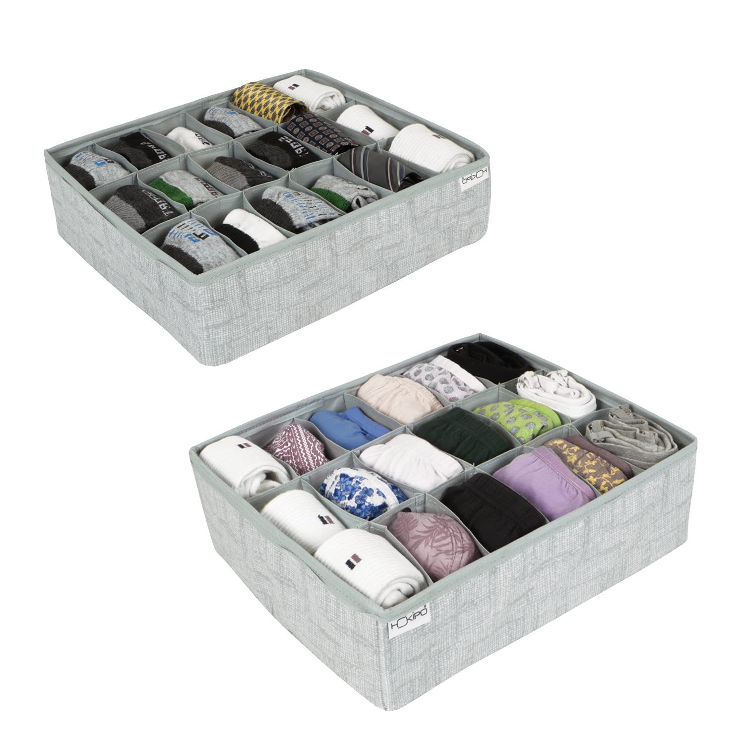 HOKIPO Fabric Undergarment Clothing Organizer Storage Box For Drawers Bra Panty Socks Tie Lingerie Organizer For Wardrobe, 18 Grid, Pack Of 2 (In-333-Gry*2), Blue-Green