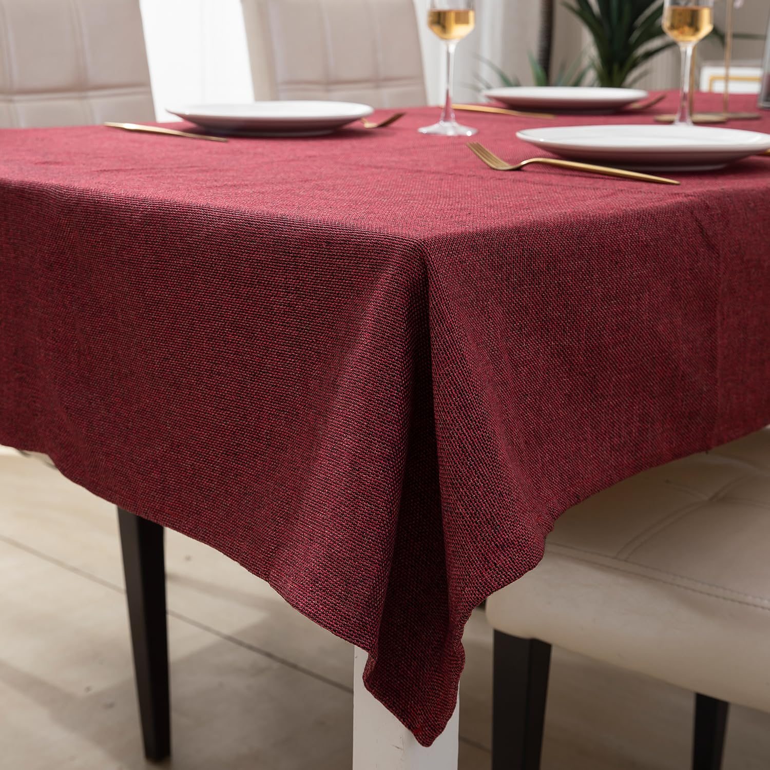 HOKIPO Poly Jute Table Cloth 6 to 8 Seater Rectangular Dining Table Cover 50×90 Inches, Red (IN364-RED)