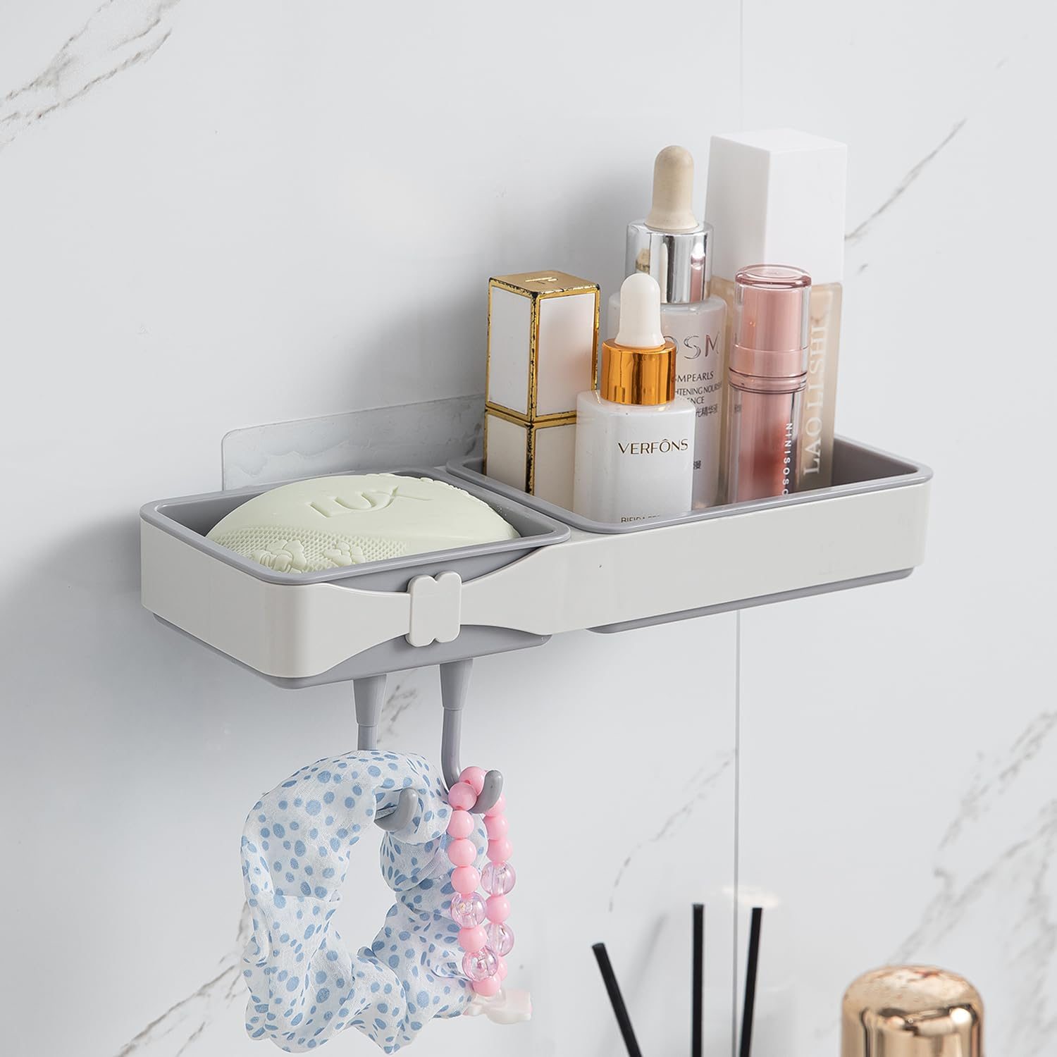 HOKIPO Wall-Mounted Dual Compartment Plastic Storage Shelf with Hooks | Stickable Soap Holder Organizer | No Drill Bathroom Shelf | Magic Sticker Self Adhesive Storage Rack (AR-6089),Grey