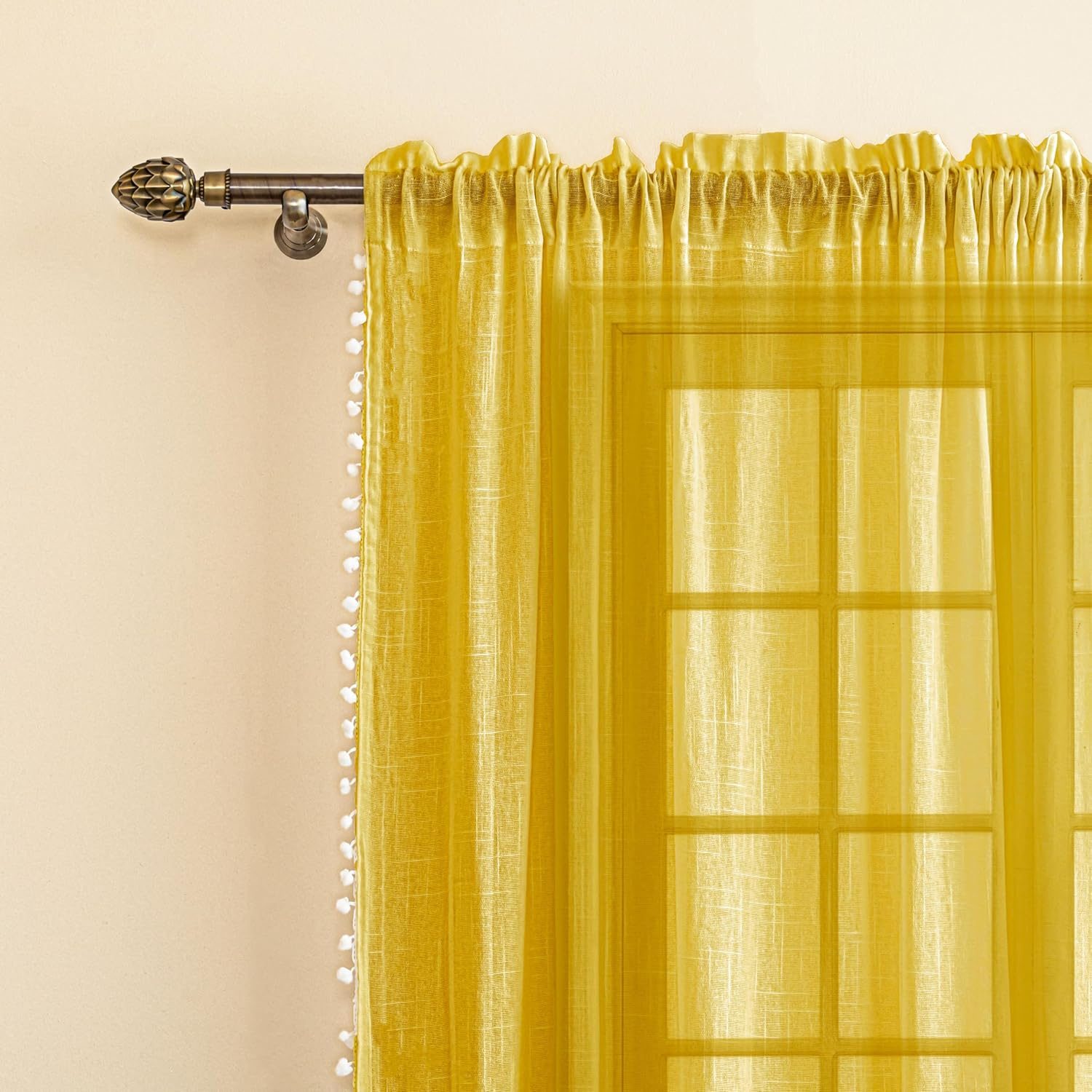 HOMEMONDE Long Door Sheer Curtains with Rod Pocket Faux Linen Texture 8 Feet Long Drapes Curtain Pack of 2, Semi Transparent – Mustard