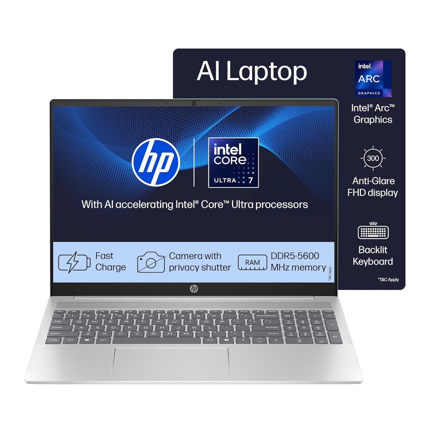 HP 14 AI Laptop, Intel Core Ultra 7 155H, 12 Tops, 16GB DDR5, 512GB SSD (Win11, Office21, Silver, 1.4 kg) Anti-Glare FHD, 14-inch (35.6 cm) Intel Arc Graphics, FHD Camera w/Shutter, Backlit, gr1023TU